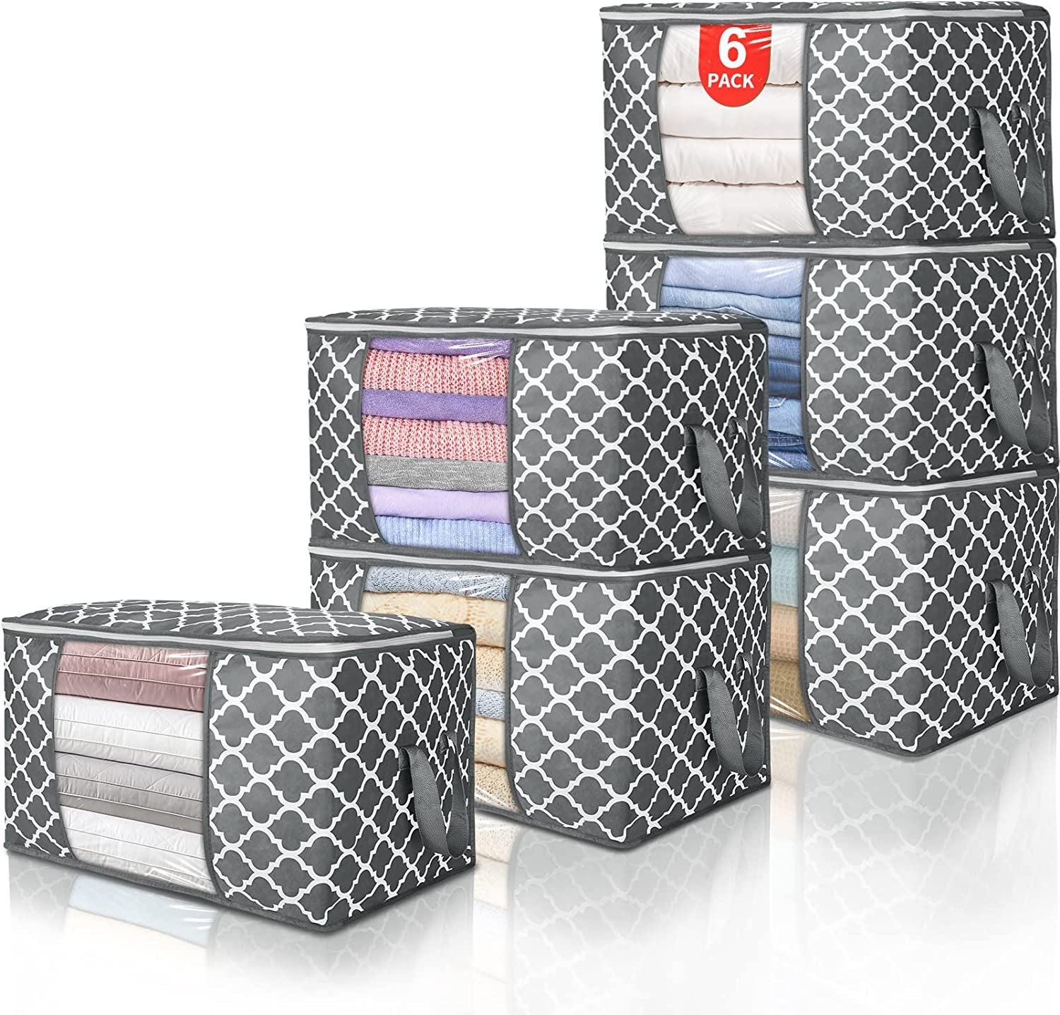 90 L Large Storage Bags, 6 Pack Clothes Storage Bins Foldable Closet Organizers Storage Containers with Reinforced Handle for Clothing, Blanket, Comforters, Bed Sheets, Pillows and Toys (Gray)