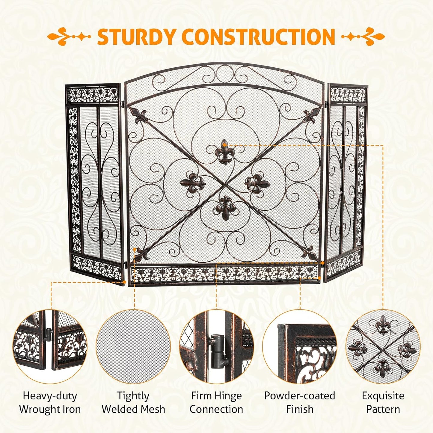 Fireplace Screen 3 Panel Folding Fireplace Screens 52.4 X 31 Inch Metal Furnace Fireguards Mesh Cover Baby Safe Proof Fence Spark Guard Cover Wrought Iron Fire Place Standing Gate (Bronze)