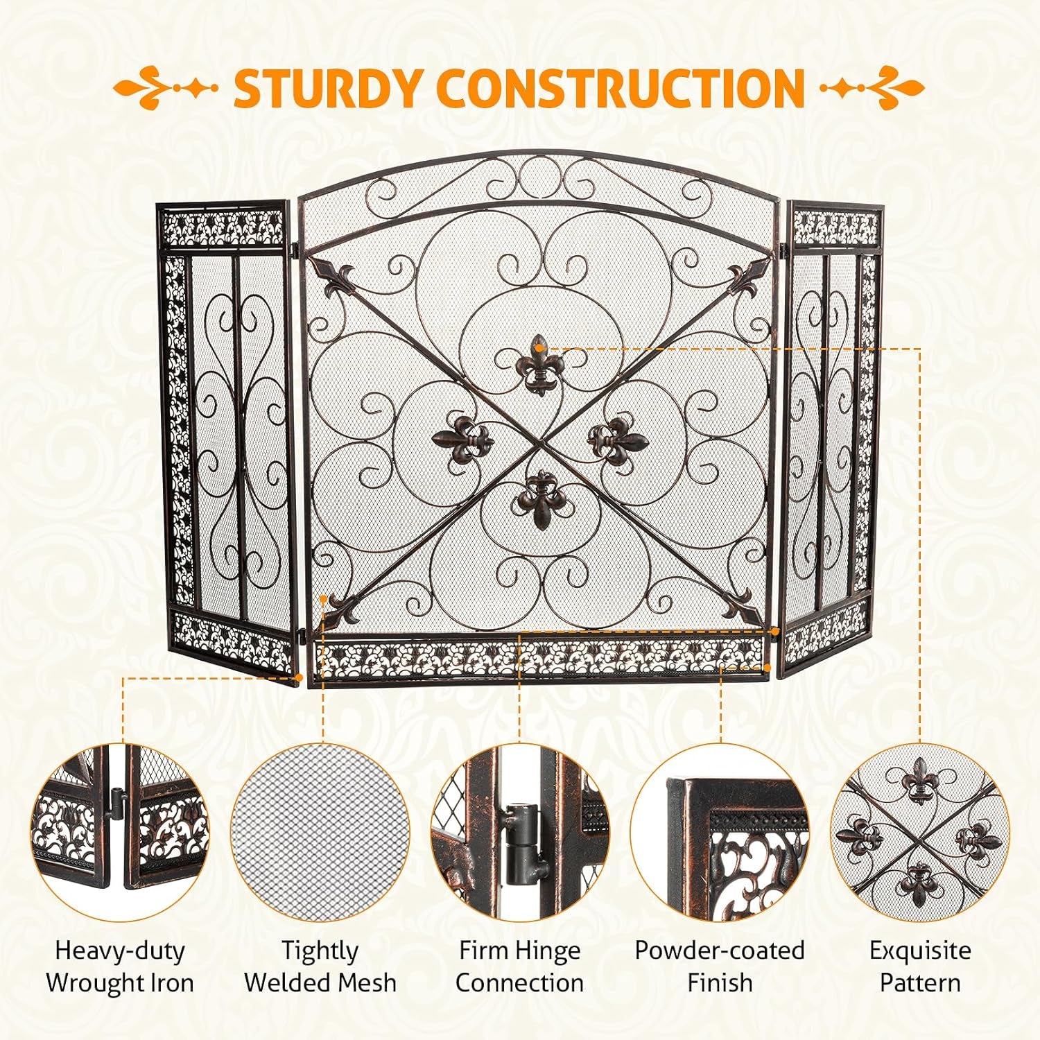 Fireplace Screen 3 Panel Folding Fireplace Screens 52.4 X 31 Inch Metal Furnace Fireguards Mesh Cover Baby Safe Proof Fence Spark Guard Cover Wrought Iron Fire Place Standing Gate (Bronze)