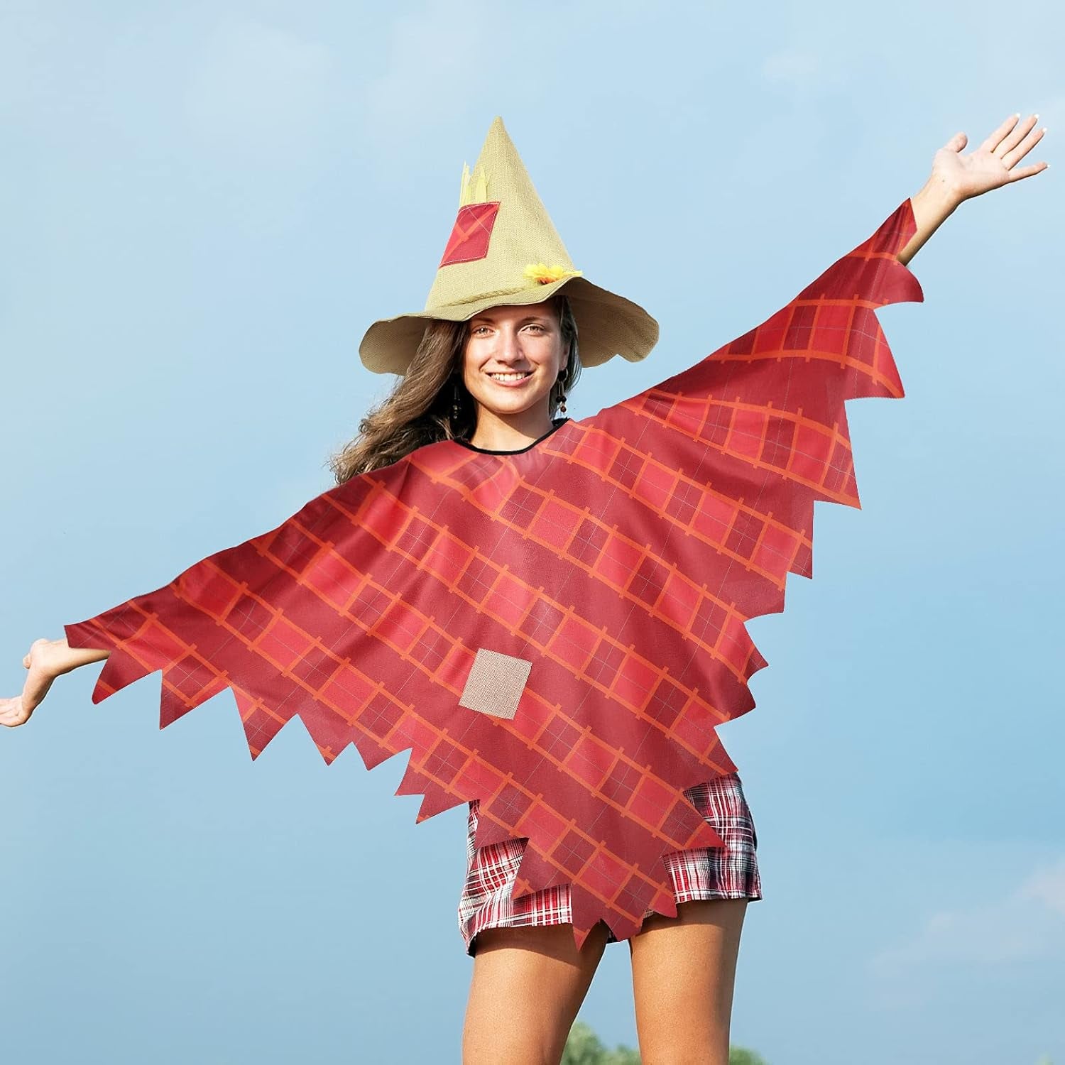 Halloween Scarecrow Costume for Women Adult Scarecrow Poncho Scarecrow Hat Plaid Halloween Costumes for Halloween Decorations Role Playing Party Accessory