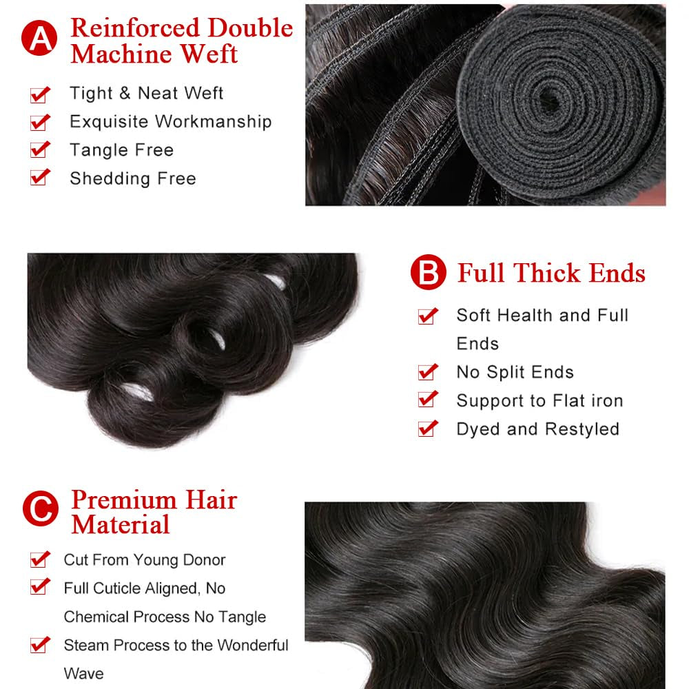 12A Human Hair Bundles Body Wave 24 Inch One Bundle 100% Unprocessed Brazilian Virgin Hair Bundles Double Weft Weave Body Wave Bundles Human Hair Natural Black Color