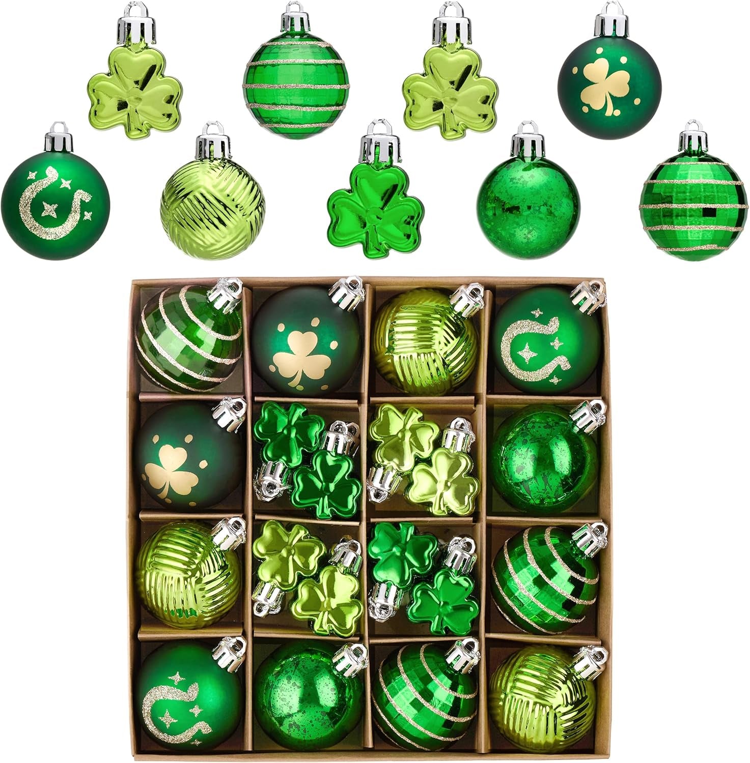 St Patricks Day Decorations Shamrock Tree Ornament Set, 28Ct 1.57Inch Hanging Ball Ornament Irish Festival Decor, Good Luck Clover Green Gold St. Patrick'S Ball for Party Home Spring