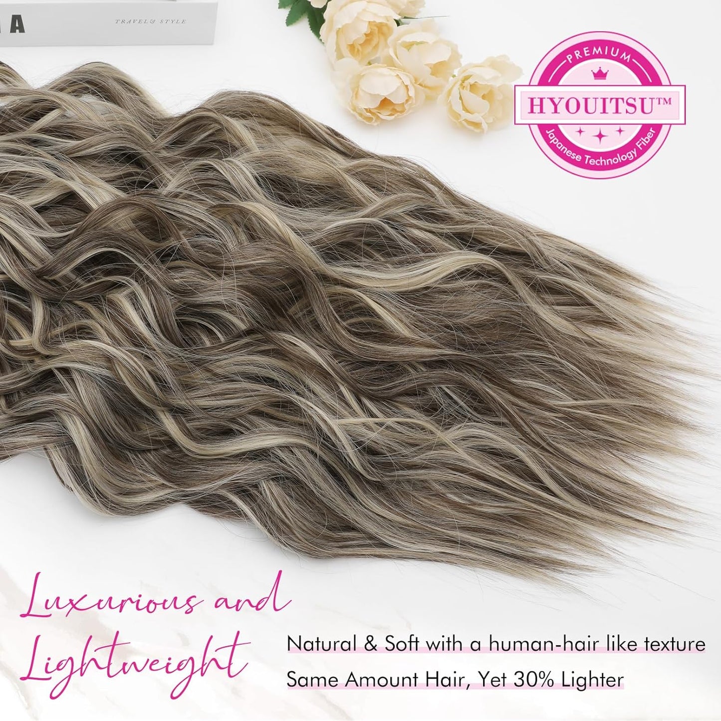 Hair Extensions, 4PCS Clip in Hair Extensions 24" Thick Long Beach Waves Hair Extensions HE003 Invisible Lace Weft Natural Soft Synthetic Hairpieces for Women – Ash Brown with Highlights
