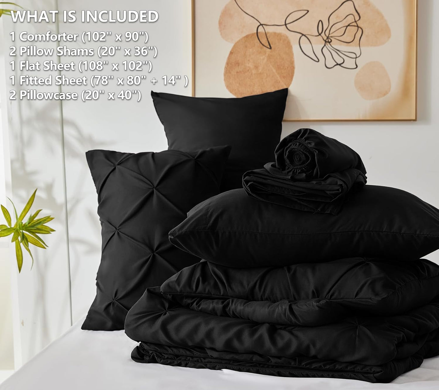 King Size Comforter Set - 7 Pieces Bed in a Bag Black, Pintuck Comforter King Size Pinch Pleat Bedding Sets with All Season Comforter, Flat Sheet, Fitted Sheet and Pillowcases & Shams