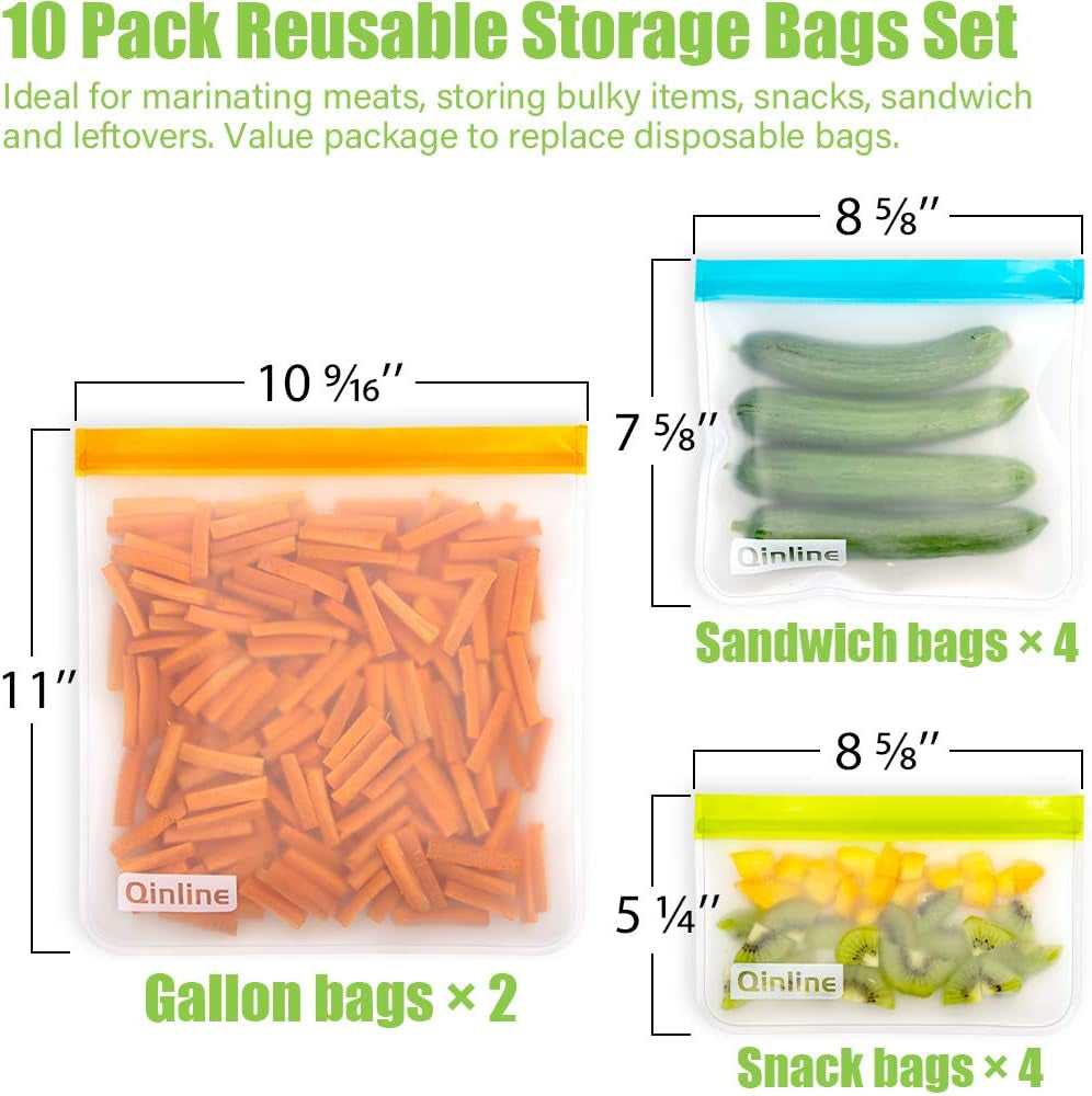 Reusable Food Storage Bags - 10 Pack Freezer Bags, BPA Free Reusable Bags Silicone, EXTRA THICK Leakproof Reusable Lunch Bag for Salad Fruit Travel - 2 Gallon 4 Sandwich 4 Snack Bags