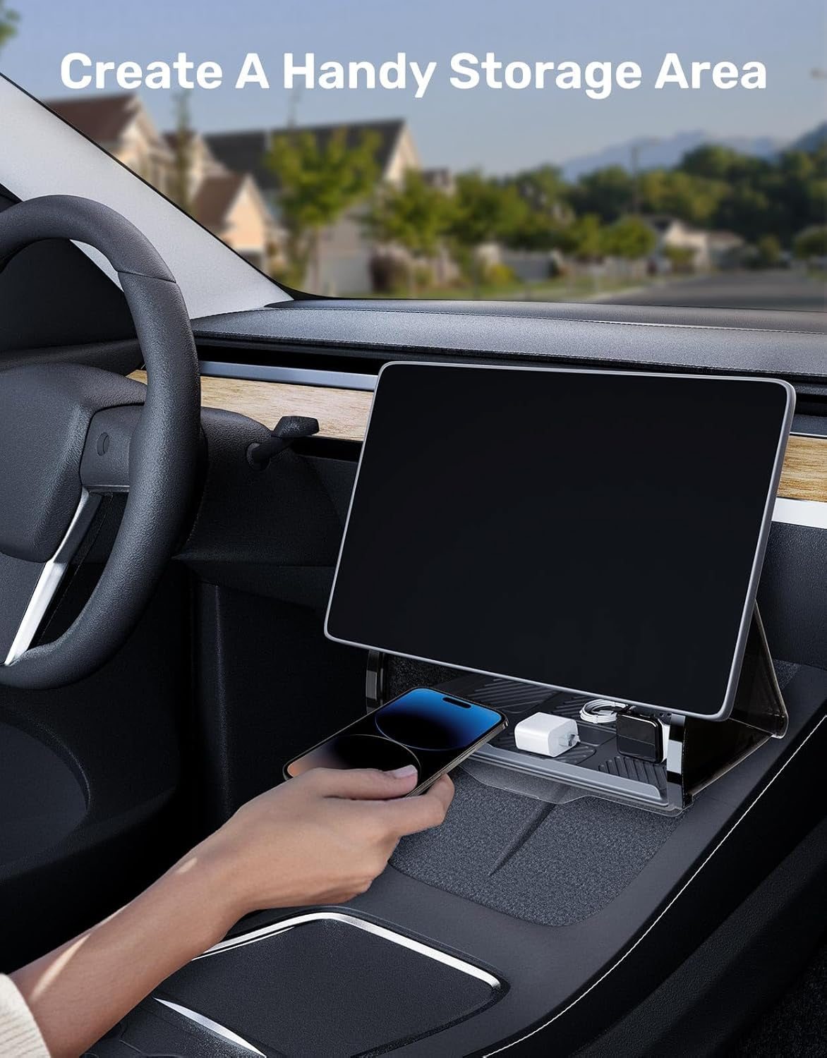 Tesla Model Y Accessories 2024 under Screen Storage, [Hidden & Anti-Drop & Easy Install] Center Console Organizer for Model 3 Accessories, with Anti-Slip Silicone Pad for Model Y & 3 (2017-2024)