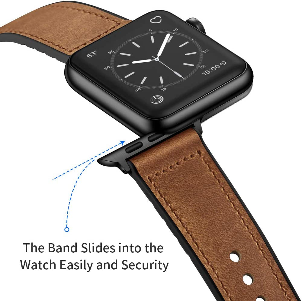 Compatible with Apple Watch Band 49Mm 45Mm 44Mm 42Mm, Sweatproof Genuine Leather and Rubber Hybrid Band Strap for Iwatch Ultra 2/1 Series 9 8 7 6 5 4 3 2 1 SE2 SE, Brown Band with Black Adapter