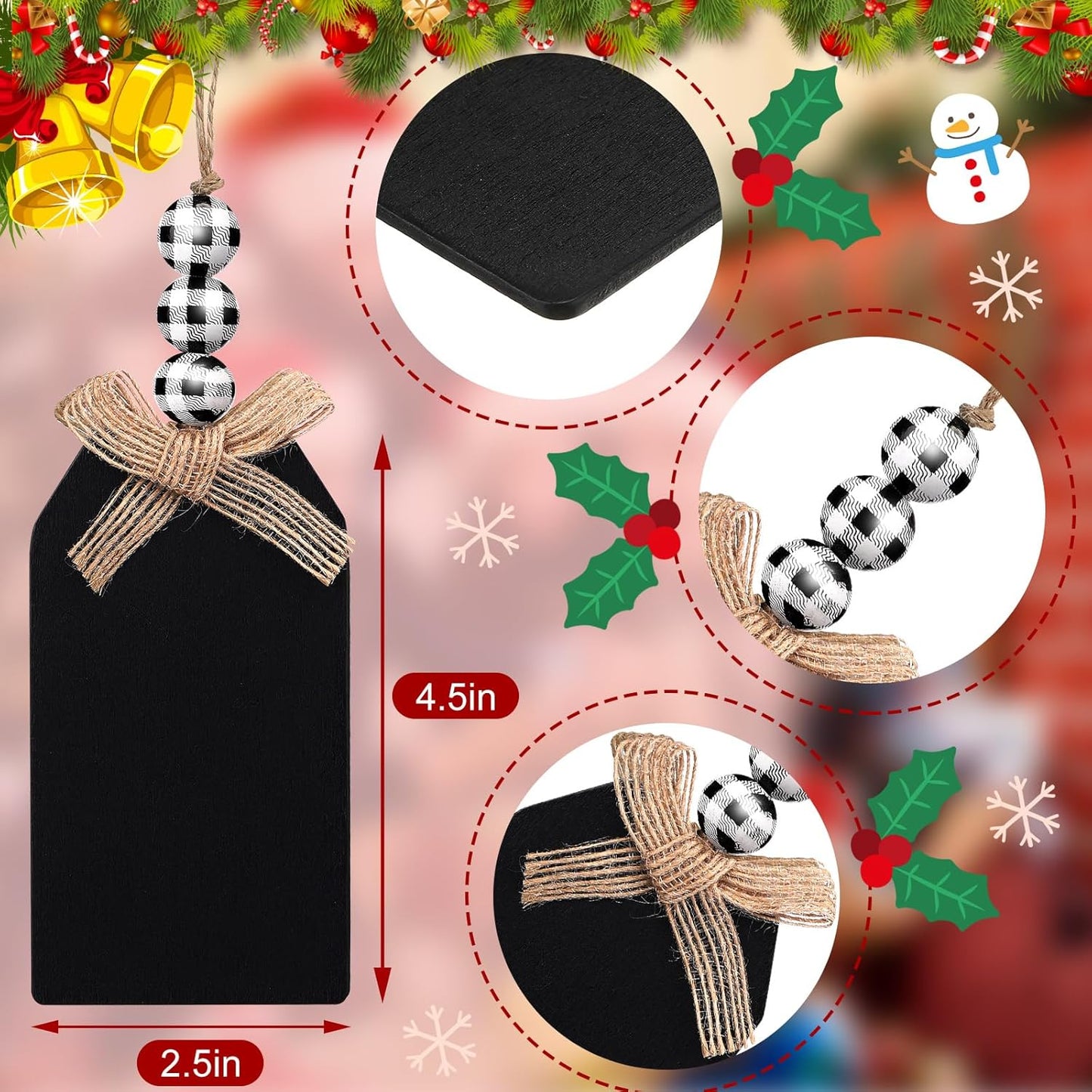 12 Set Christmas Stocking Name Tags Farmhouse Christmas Ornaments Hanging DIY Unfinished Personalized Blank Bead Wooden Xmas Gift Tags for Christmas Decorations(4.5 X 2.6'',Black and White)