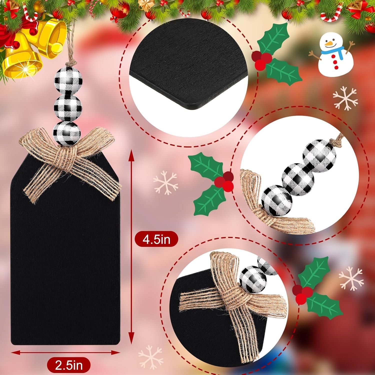 12 Set Christmas Stocking Name Tags Farmhouse Christmas Ornaments Hanging DIY Unfinished Personalized Blank Bead Wooden Xmas Gift Tags for Christmas Decorations(4.5 X 2.6'',Black and White)