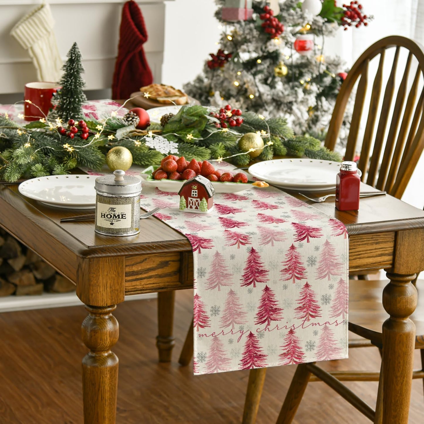 Xmas Trees Snowflake Christmas Table Runner, Seasonal Winter Pink Kitchen Dining Table Decoration for Home Party Decor 13X72 Inch