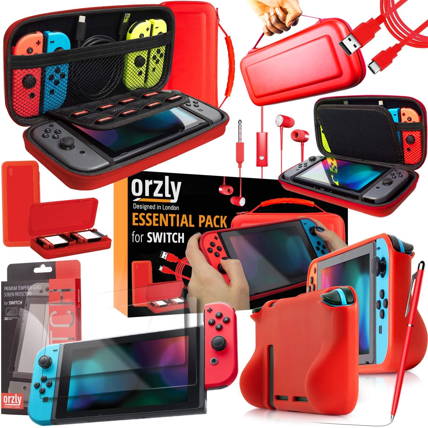 Switch Accessories Bundle -  Essentials Pack for Nintendo Switch OLED Case & Screen Protector , Grip Case, Games Holder, Headphones - Classic Black Edition