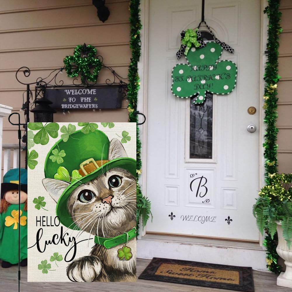 St Patricks Day Cat Garden Flag Hello Lucky 12X18 Inch Double Sided for outside Small Burlap Shamrock Clovers Holiday Yard Decoration