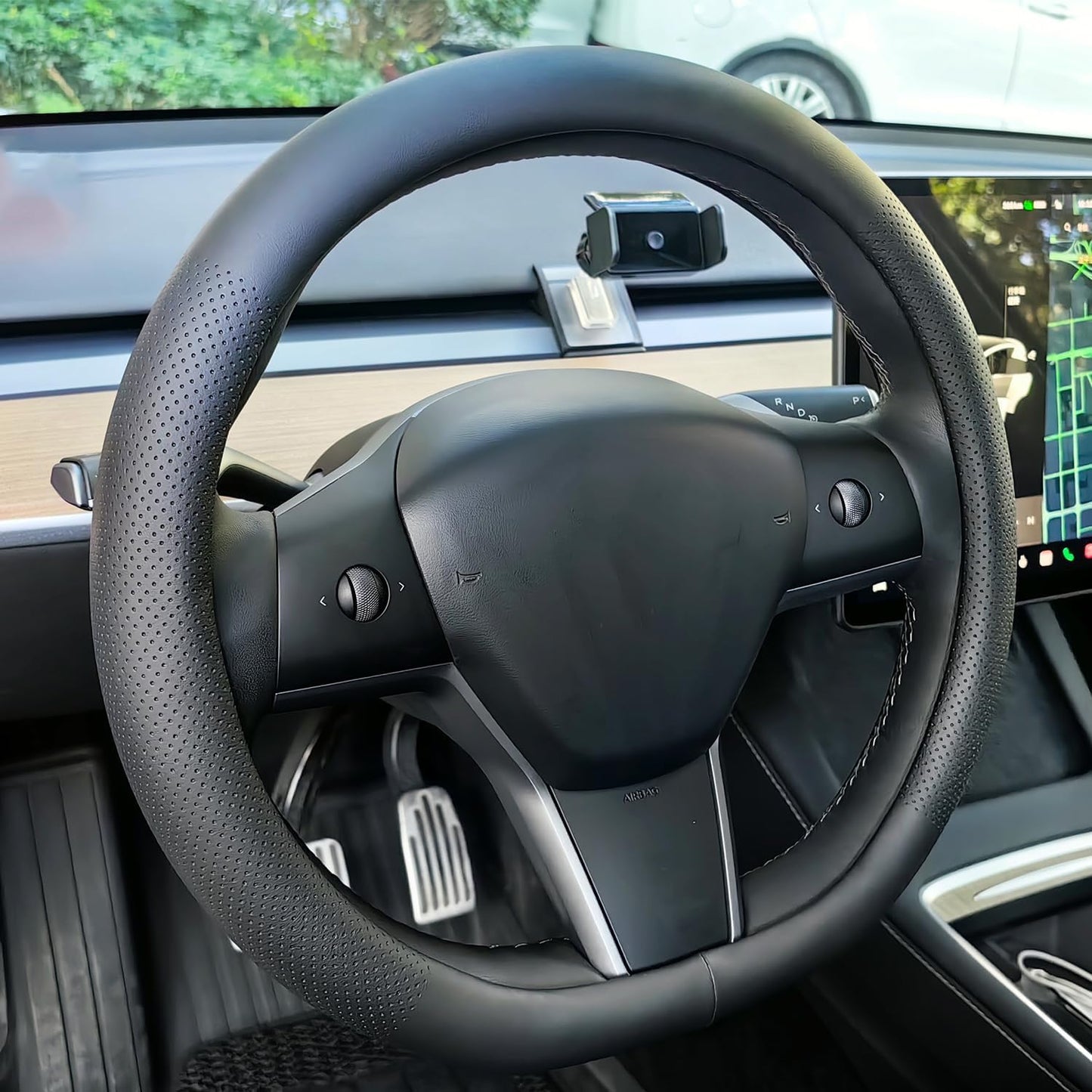 D-Shaped Car Steering Wheel Cover for Tesla Model Y Model 3 Plaid/Long Range 5/6/7 Seater Interior Accessories 2016-2020 2021 2022 2023 2024, Black Premium Leather (14-14 1/4 Inches)