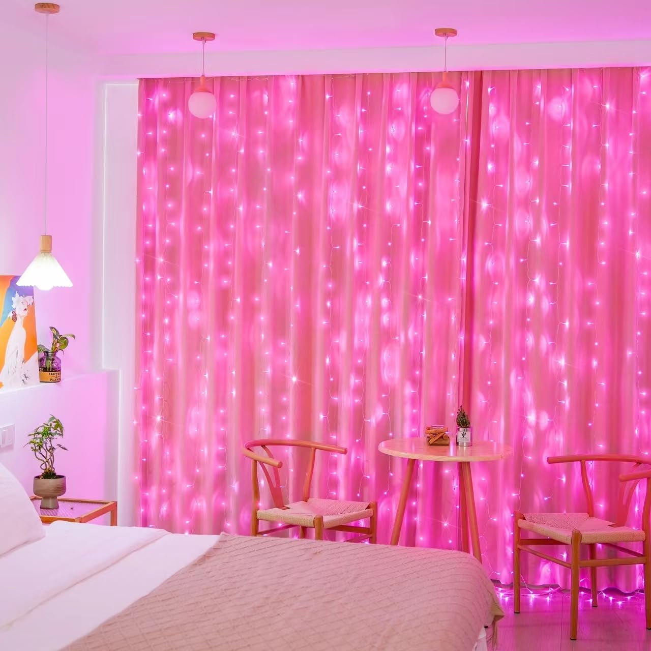 300 LED Pink Christmas Curtain Lights Indoor, Pink String Lights Plug In, 8 Modes Pink Fairy Lights for Bedroom Window Wall Party Backdrop Valentine Xmas Decorations, 9.8X9.8Ft