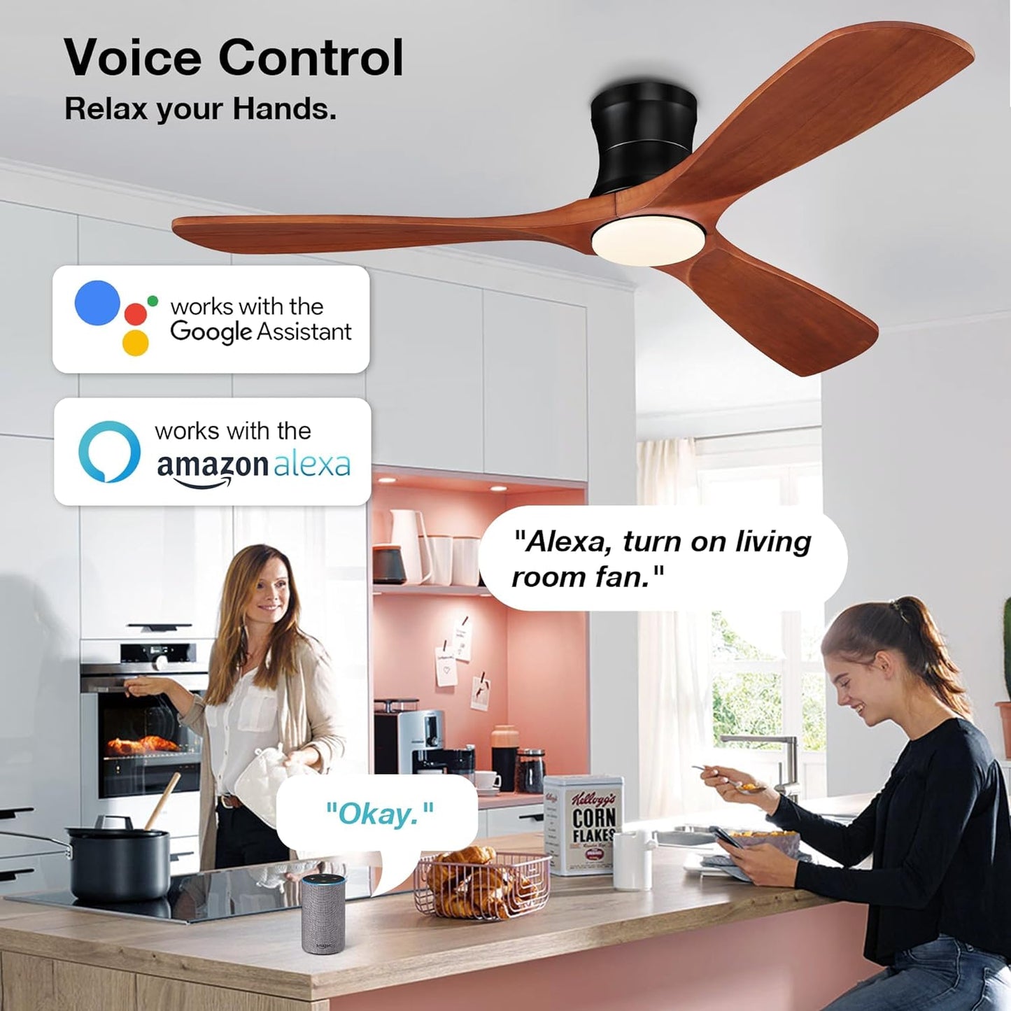 Smart 52” Wood Flush Mount Ceiling Fans with Lights Remote,Quiet DC Motor,Outdoor Indoor Low Profile Ceiling Fan,Voice Contorl with WIFI Alexa App Control,Modern Fan for Bedroom Patio