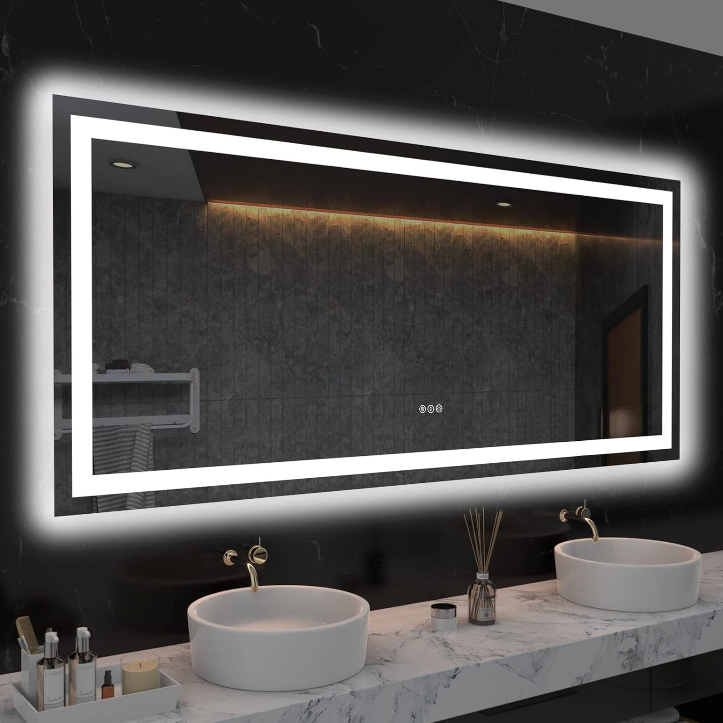 60”X30“ RGB LED Bathroom Mirror with Lights for Bathroom, Anti-Fog, Dimmable，Multiple Light Modes, RGB Backlit + Front Light, Memory Function, Tempered Glass