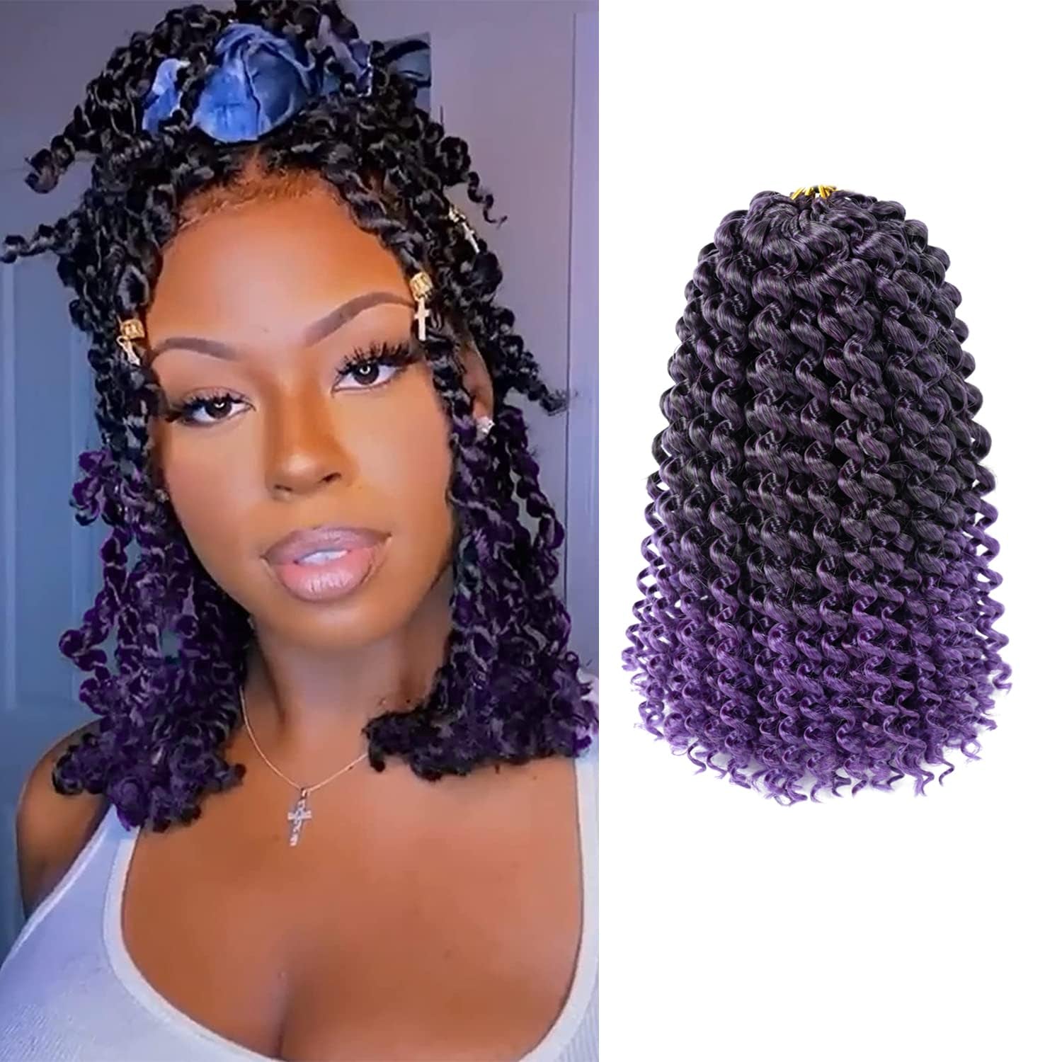 Passion Twist Hair 10 Inch Purple Water Wave Crochet Hair for 6 Packs Passion Twist Braiding Hair Bohemian Hair Braiding Passion Twist Braids Synthetic Hair Extensions (10 Inch, #1B/Purple)