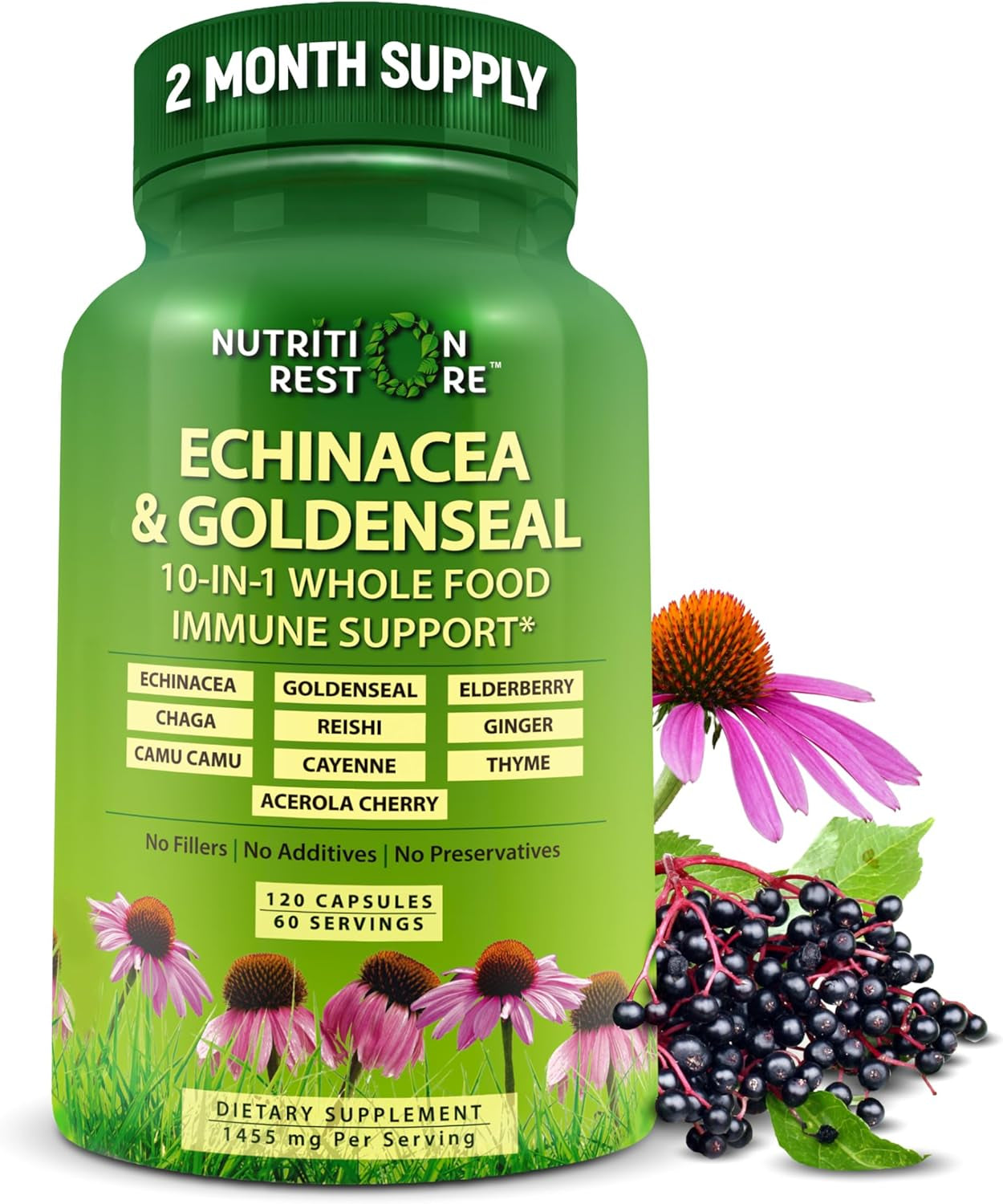 Echinacea Goldenseal Capsules - 10 in 1 Immune Support Supplement - 1455Mg - Vegan Echinacea Capsules Supplement Made with Organic Whole Foods - Herbal Immune System Support - 2 Month Supply TLBH