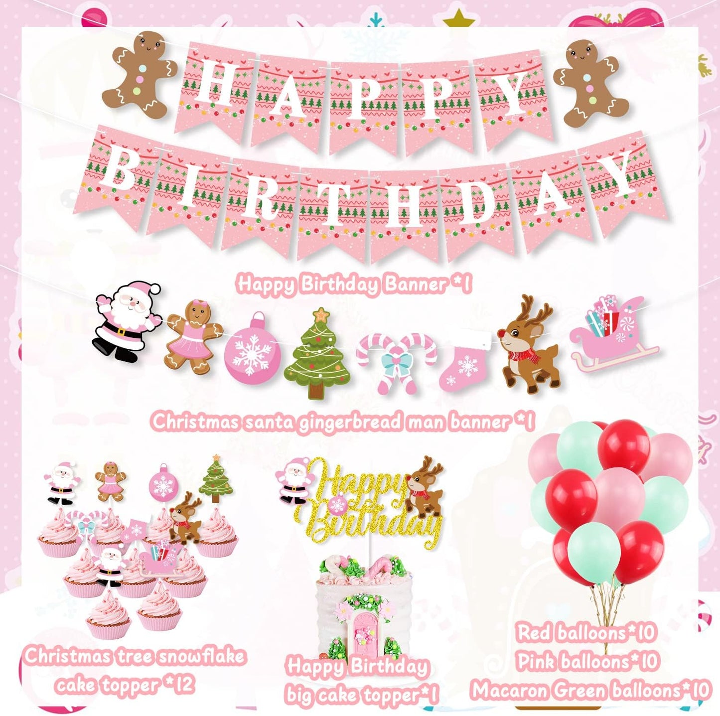 Pink Christmas Birthday Decorations,Gingerbread Man Theme Happy Birthday Banner Santa Claus Cake Topper Latex Balloons for Christmas Birthday Party Supplies