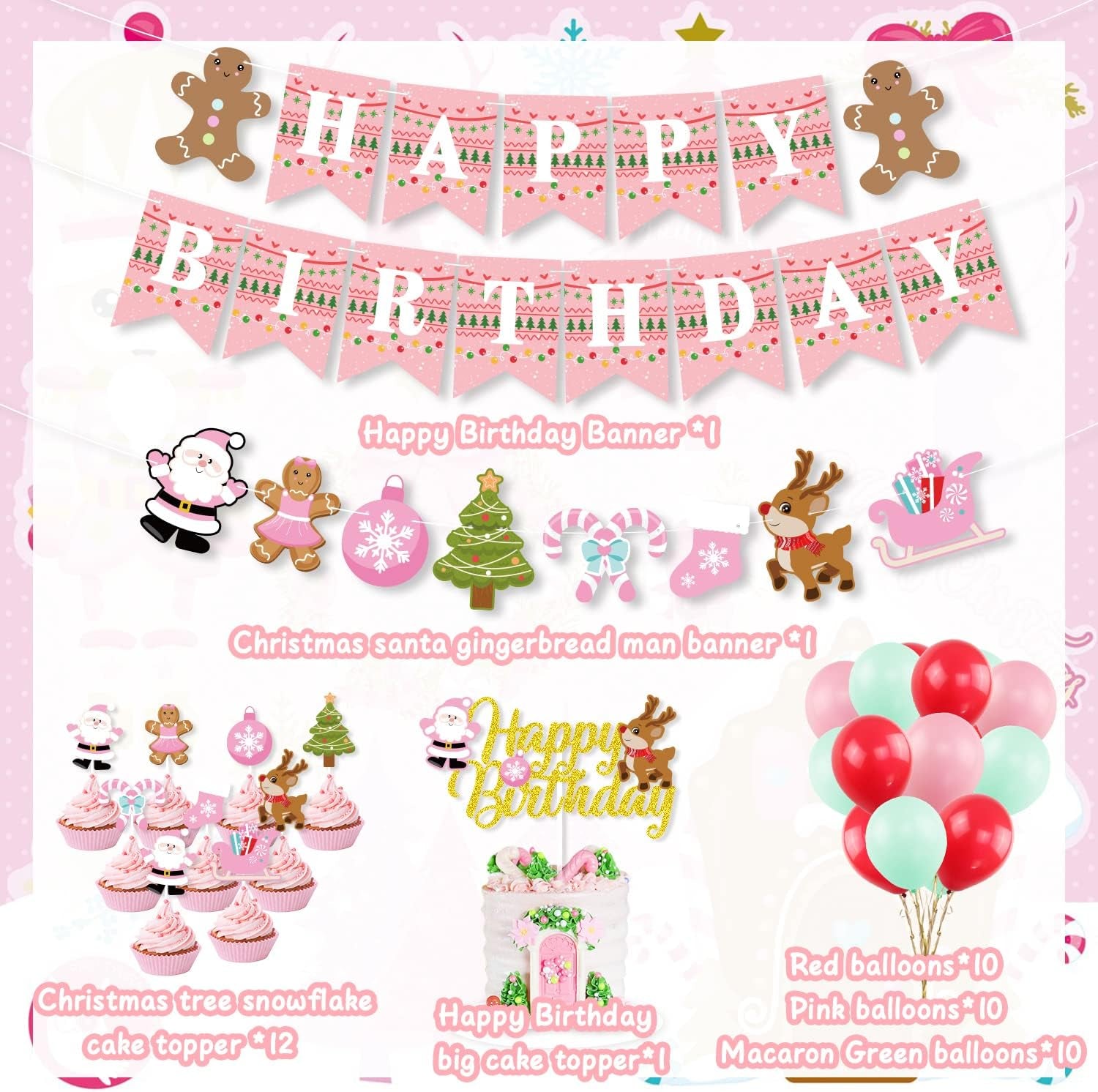 Pink Christmas Birthday Decorations,Gingerbread Man Theme Happy Birthday Banner Santa Claus Cake Topper Latex Balloons for Christmas Birthday Party Supplies