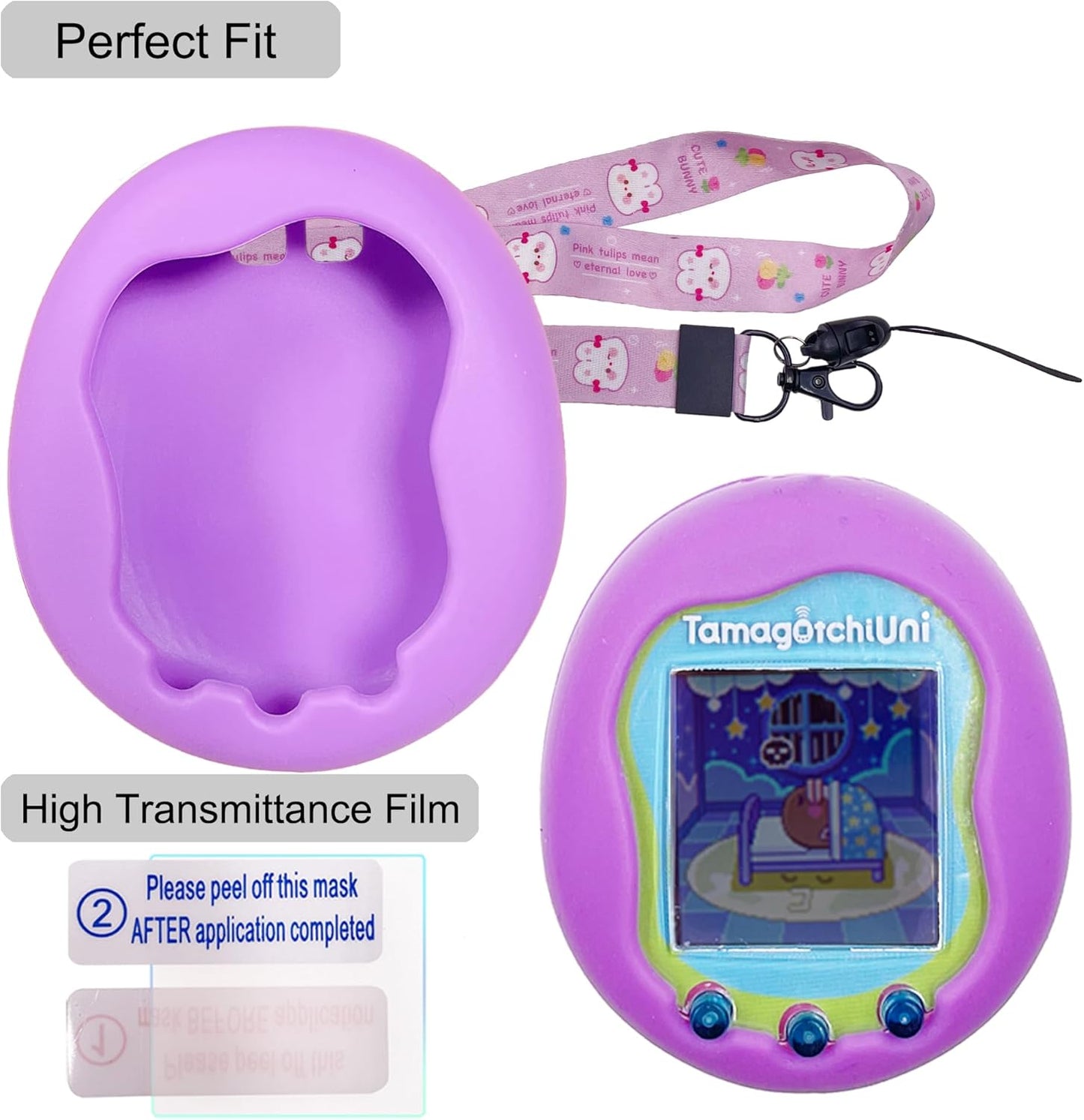Silicone Case Cover, Lanyard and Screen Protector Film for Tamagotchi Uni Virtual Interactive Pet Game Machine (Purple) ZOUSA