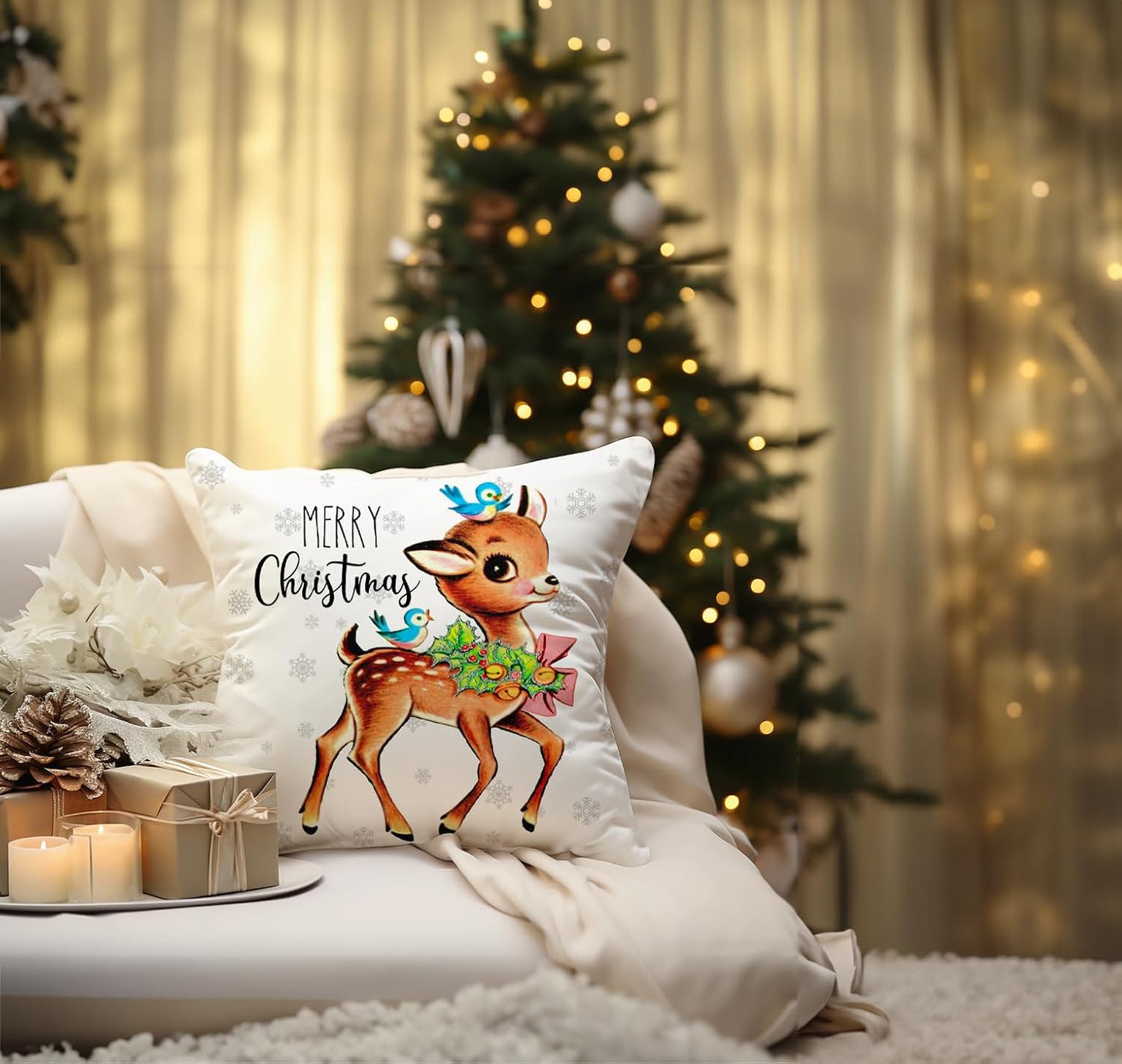 Christmas Decorations Pillow Covers 18×18 Set of 4 Snowflake Santa Snowman Deer Bird Candy Cane Xmas Rustic Winter Holiday Throw Pillows Christmas Decor Cushion Cases Polka Dots Pink-18