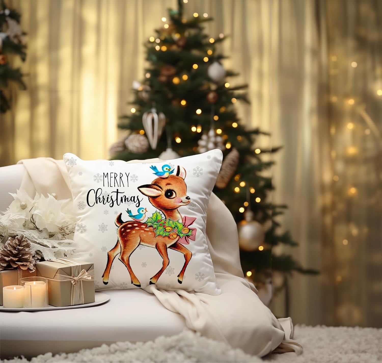 Christmas Decorations Pillow Covers 18×18 Set of 4 Snowflake Santa Snowman Deer Bird Candy Cane Xmas Rustic Winter Holiday Throw Pillows Christmas Decor Cushion Cases Polka Dots Pink-18