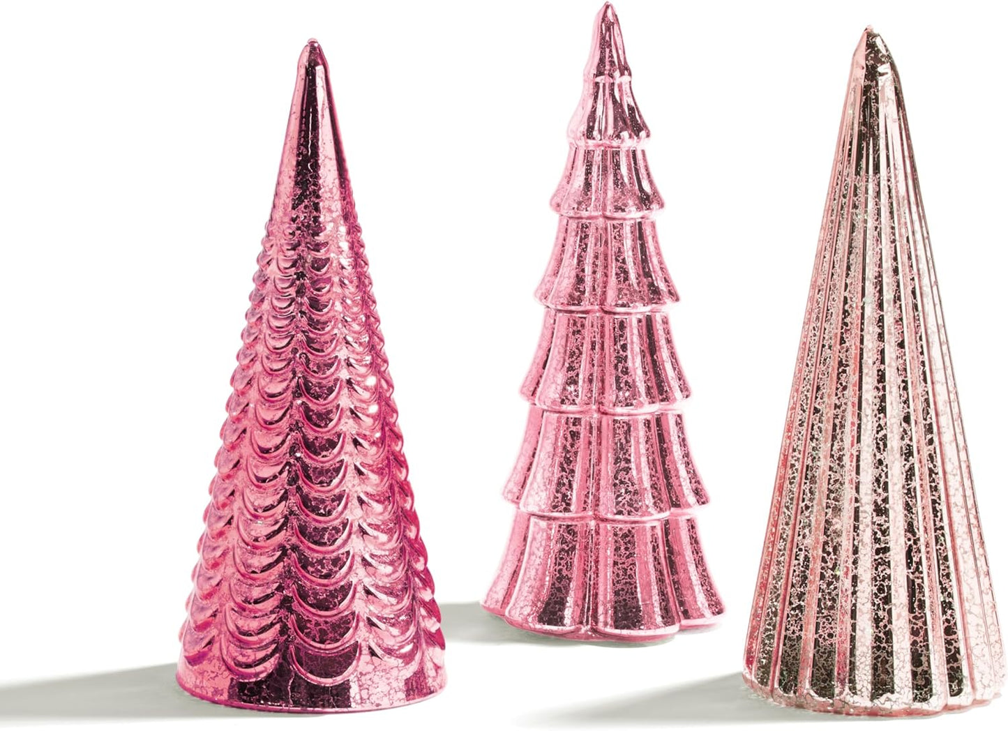 Table Top Christmas Tree Decorations with Fairy Lights, Set of 3 Assorted Trees, 10 Inch Tall, Pink Mercury Glass Finish, Batteries Included, Holiday Table Centerpiece and Mantle Decor