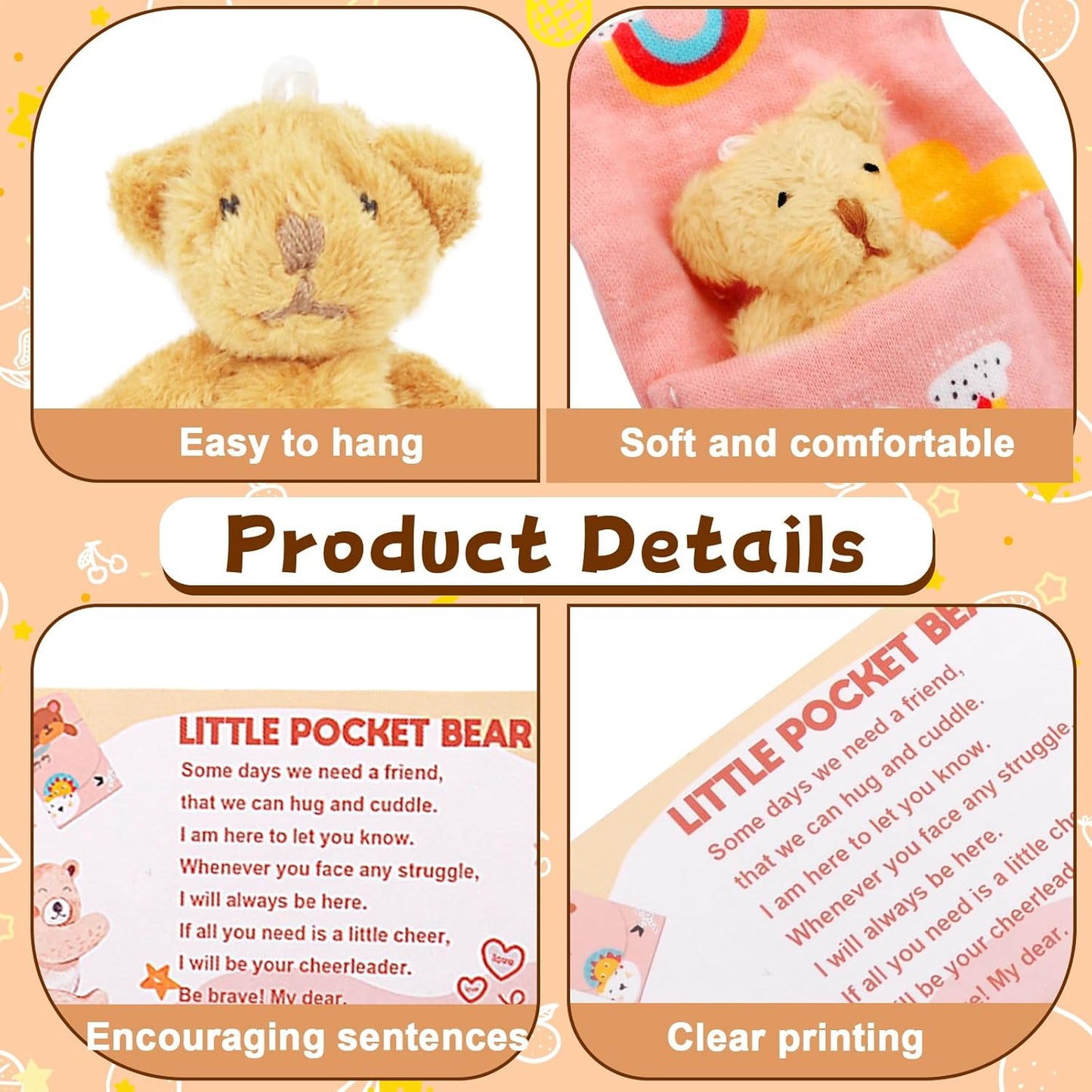 Pocket Bear in Tin Box, Pocket Hug Plush Toys, Stuffed Animad Bear Doll, Little Brown Bear, Good Luck Gifts, First Day at School Gift, Inspirational Positive Ornaments Gift for Kids Friend UK