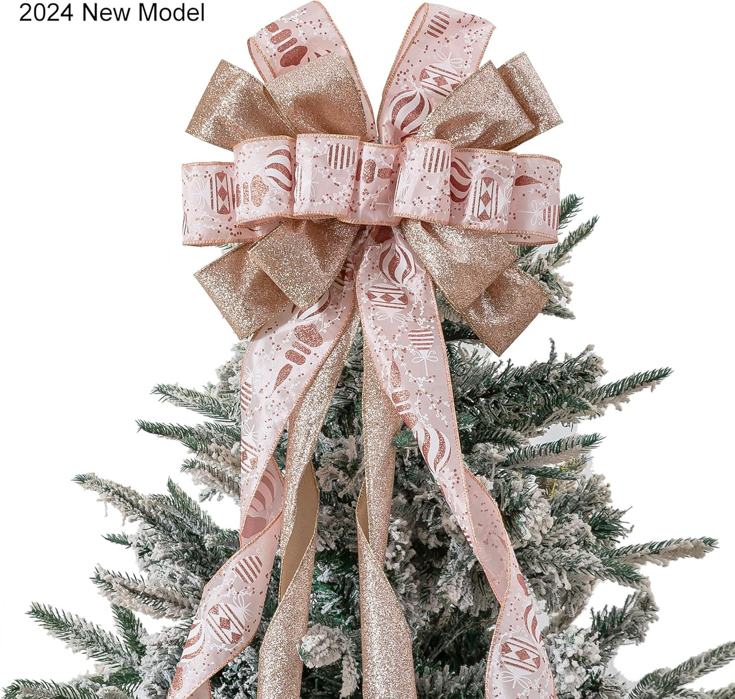 Christmas Tree Topper, 40X13 Inches Toppers Bow with Glitter Satin Mesh Streamer and Patterned Ribbon, Christmas Tree Topper Bow for Christmas Home Decoration (Rose Gold)