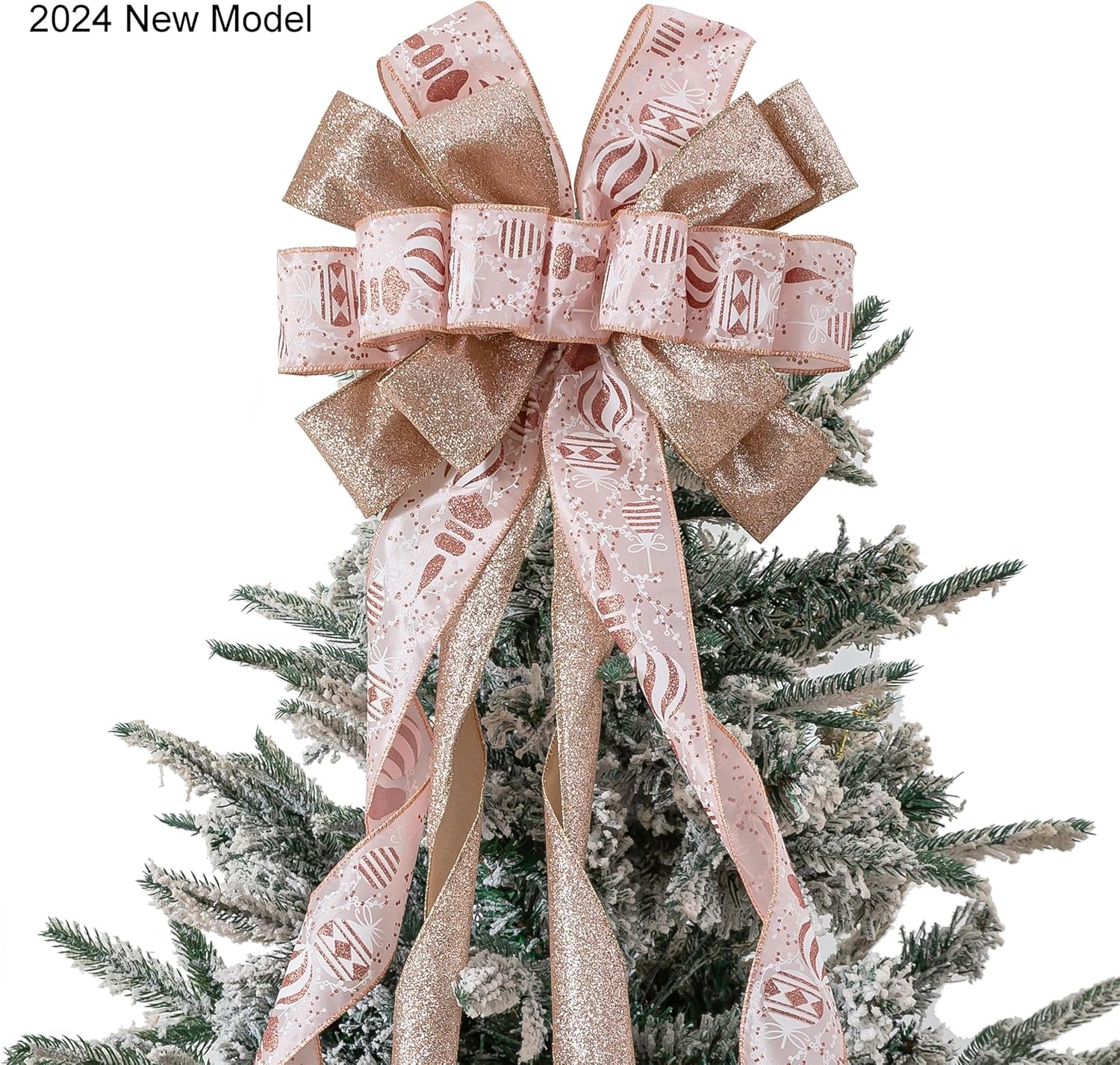 Christmas Tree Topper, 40X13 Inches Toppers Bow with Glitter Satin Mesh Streamer and Patterned Ribbon, Christmas Tree Topper Bow for Christmas Home Decoration (Rose Gold)