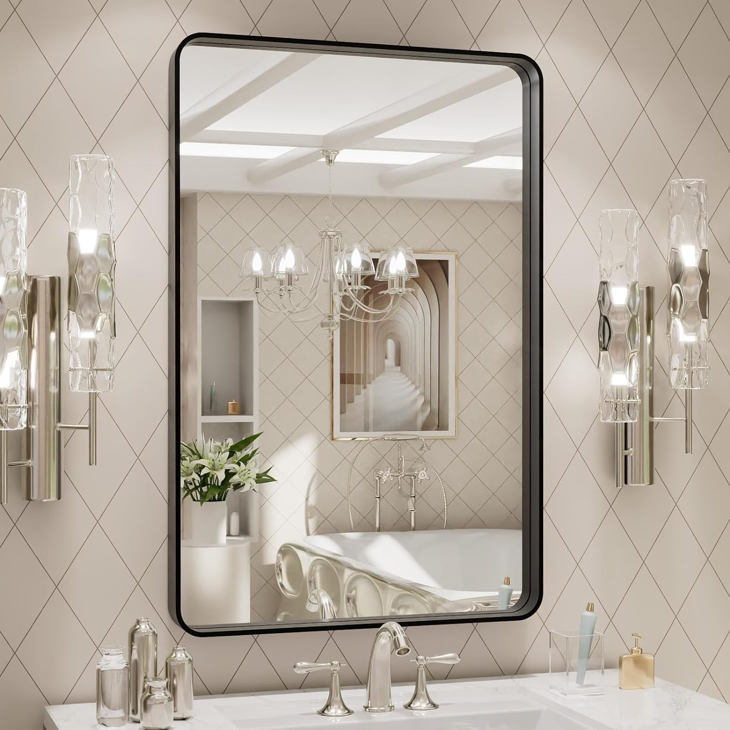 50X30 Inch Black Metal Framed Bathroom Mirror for Wall, Matte Black Bathroom Vanity Mirror Farmhouse, Large Rounded Rectangle Mirror, Anti-Rust, Tempered Glass, Hangs Horizontally or Vertically