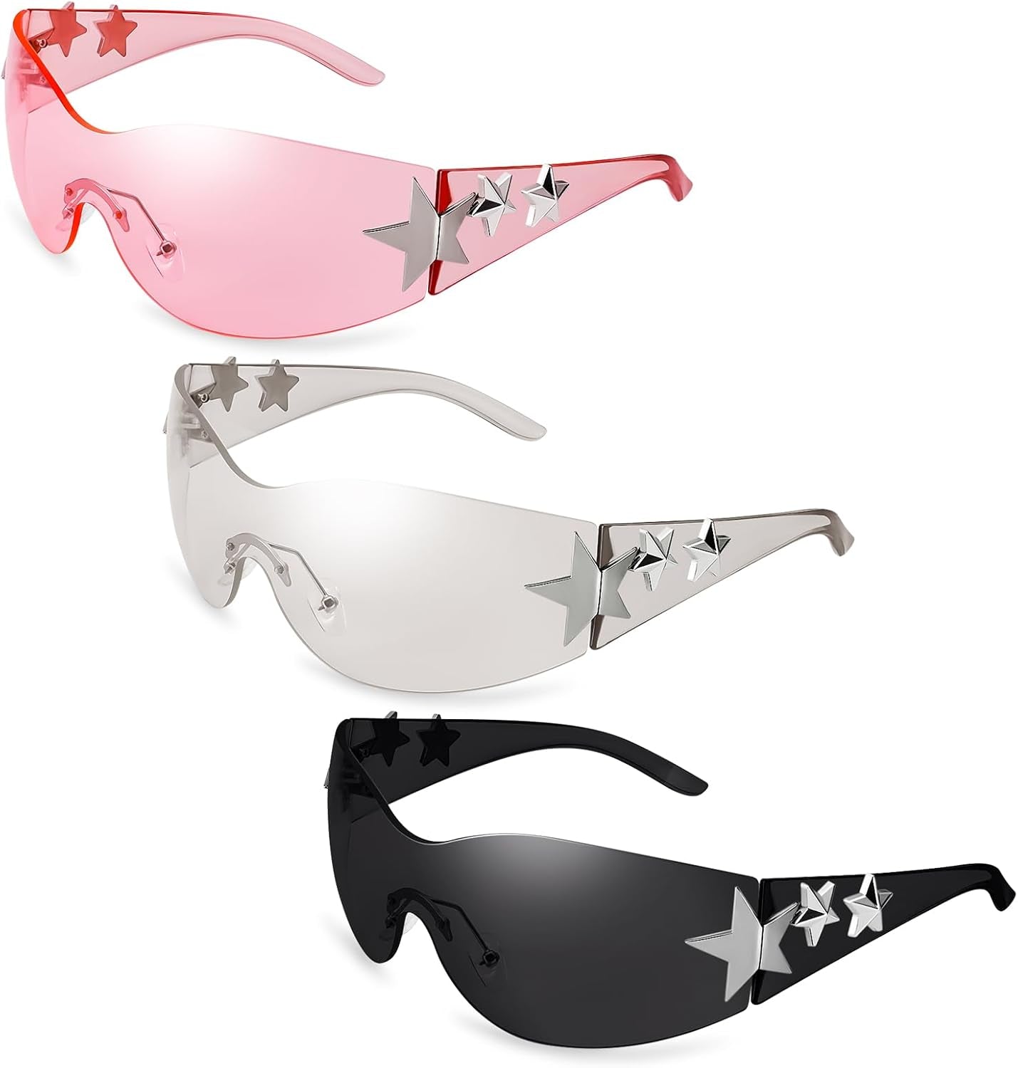 3 Pairs Y2K Sunglasses for Women Men, Trendy Shield Wrap around Sun Glasses, Rimless Star Sunglasses, Oversized Fashion Frameless Sun Glasses Cycling Driving Shopping Outdoor