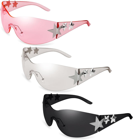 3 Pairs Y2K Sunglasses for Women Men, Trendy Shield Wrap around Sun Glasses, Rimless Star Sunglasses, Oversized Fashion Frameless Sun Glasses Cycling Driving Shopping Outdoor