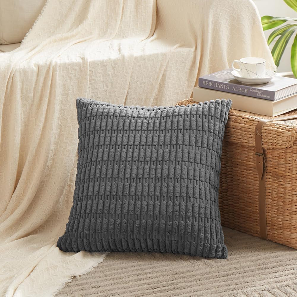 4 Packs Dark Grey Decorative Throw Pillow Covers 18X18 Inch for Living Room Couch Bed, Rustic Modern Farmhouse Boho Home Decor, Soft Plush Corduroy Cute Accent Square Cushion Case 45X45 Cm