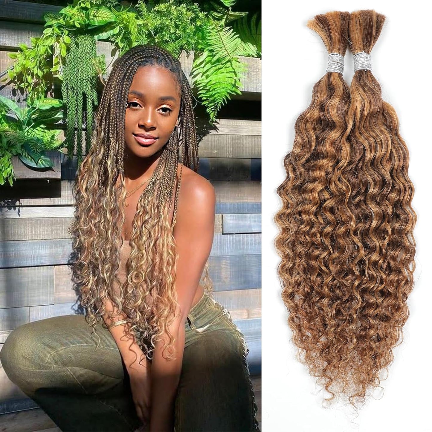 Human Braiding Hair 14Inch Water Wave Bulk Human Hair for Braiding 100G 2Bundle/Pack No Weft Human Hair Bundles for Braiding Micro Human Braiding Hair for Boho Braids(14Inch,4/27#)