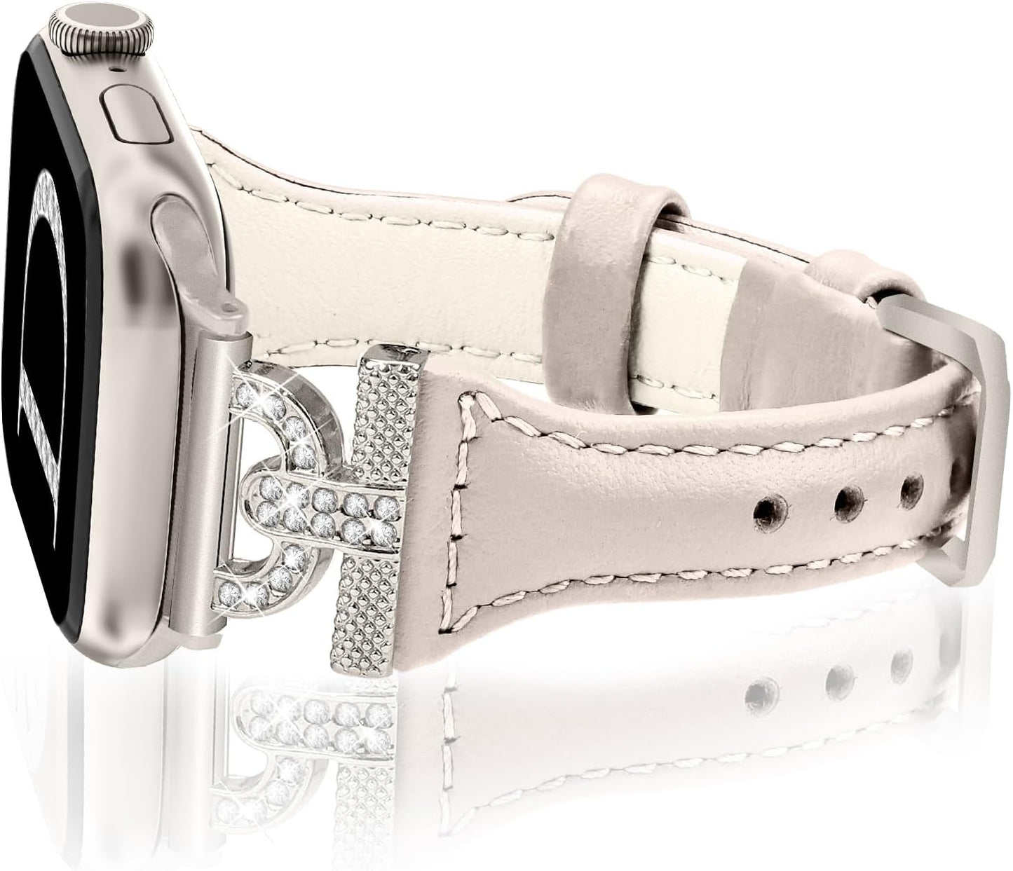 Slim Leather Bands Compatible with Apple Watch Band for Women 40Mm 41Mm 38Mm 44Mm 45Mm 49Mm 42Mm 46Mm, D-Shape Diamonds for Iwatch Women Bands Series 10 9 8 SE 7 6 5 Ultra 4 3 2 1