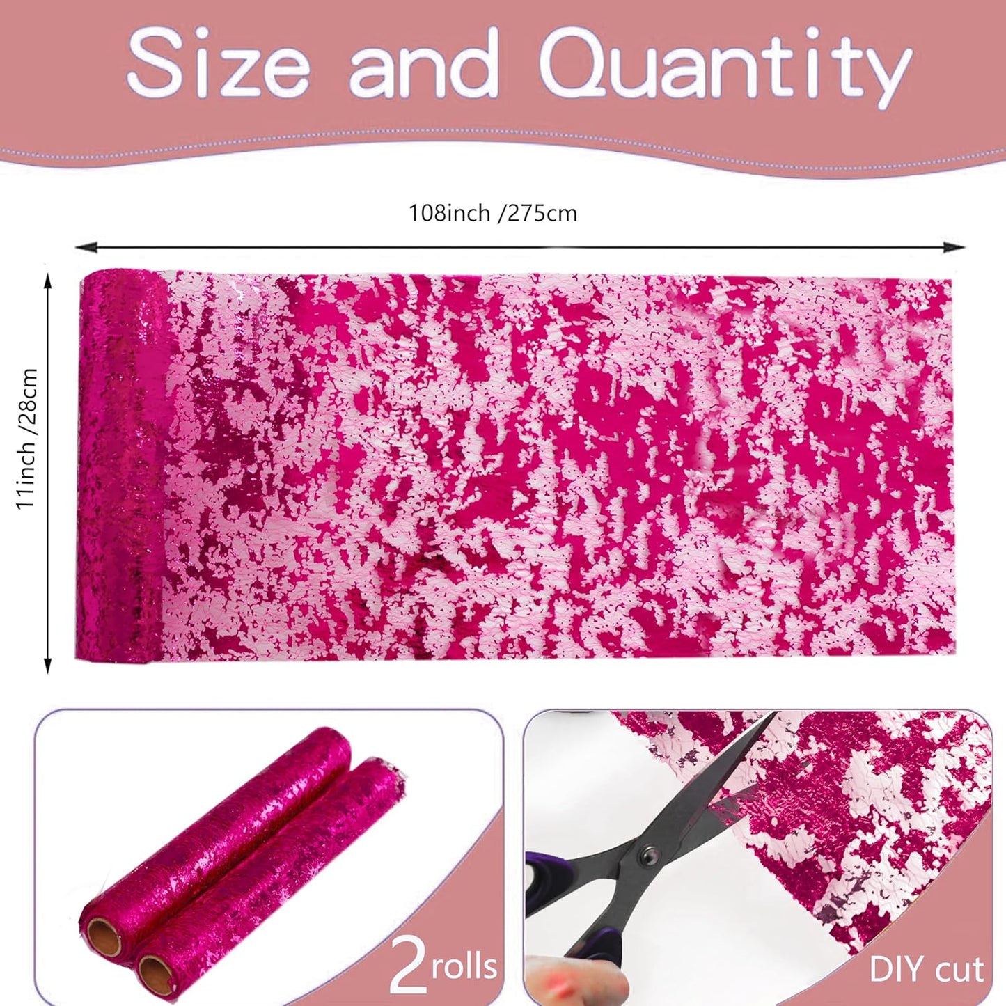 2 Pieces Hot Pink Table Runner, 11X108 Inch Sequin Glitter Sparkly Foil Metallic Hot Pink Thin Mesh Table Runner Roll , Pink Decorations for Birthday Party, Wedding, Baby Shower, Christmas