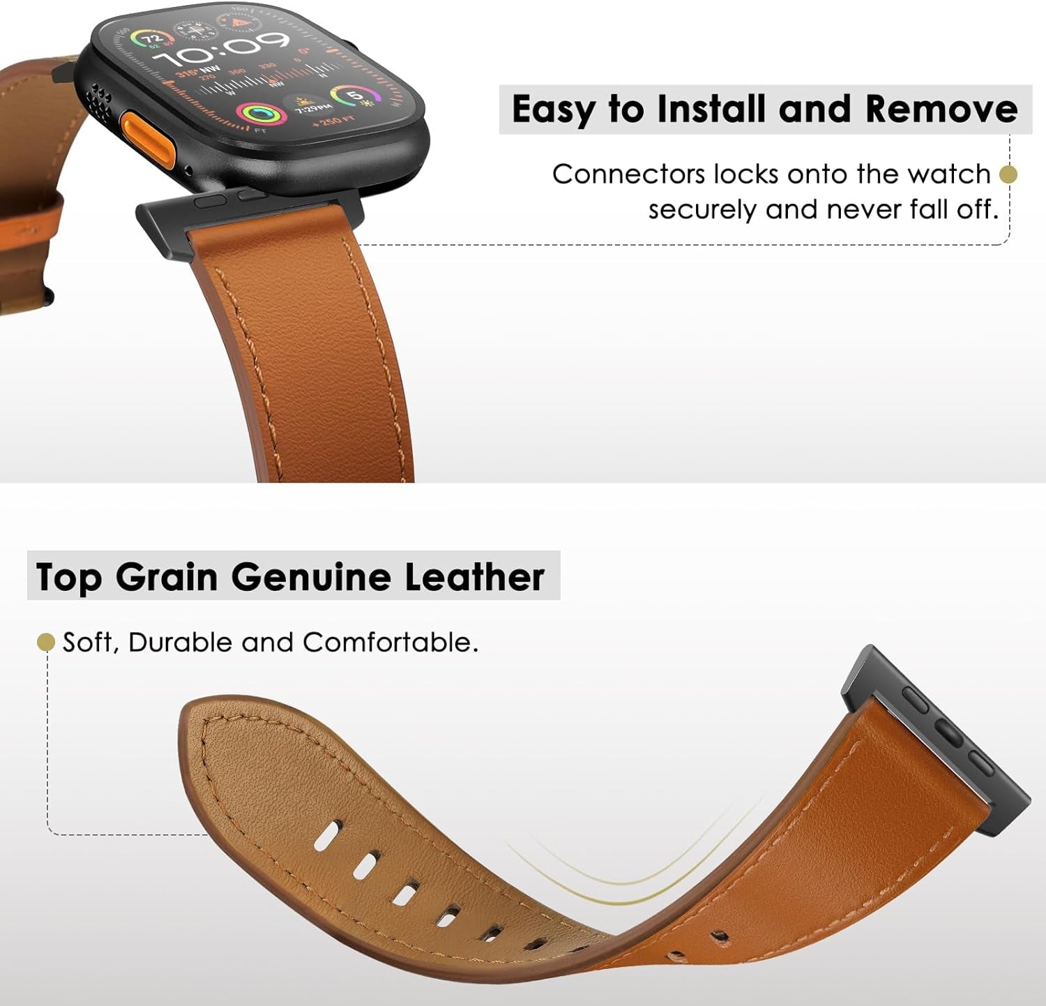 Compatible with Apple Watch Ultra 2 / Ultra Band 49Mm 46Mm 45Mm 44Mm 42Mm Men, Genuine Leather Band Strap for Iwatch Ultra Series 10 9 8 7 6 5 4 3 2 1 SE, Brown/Black