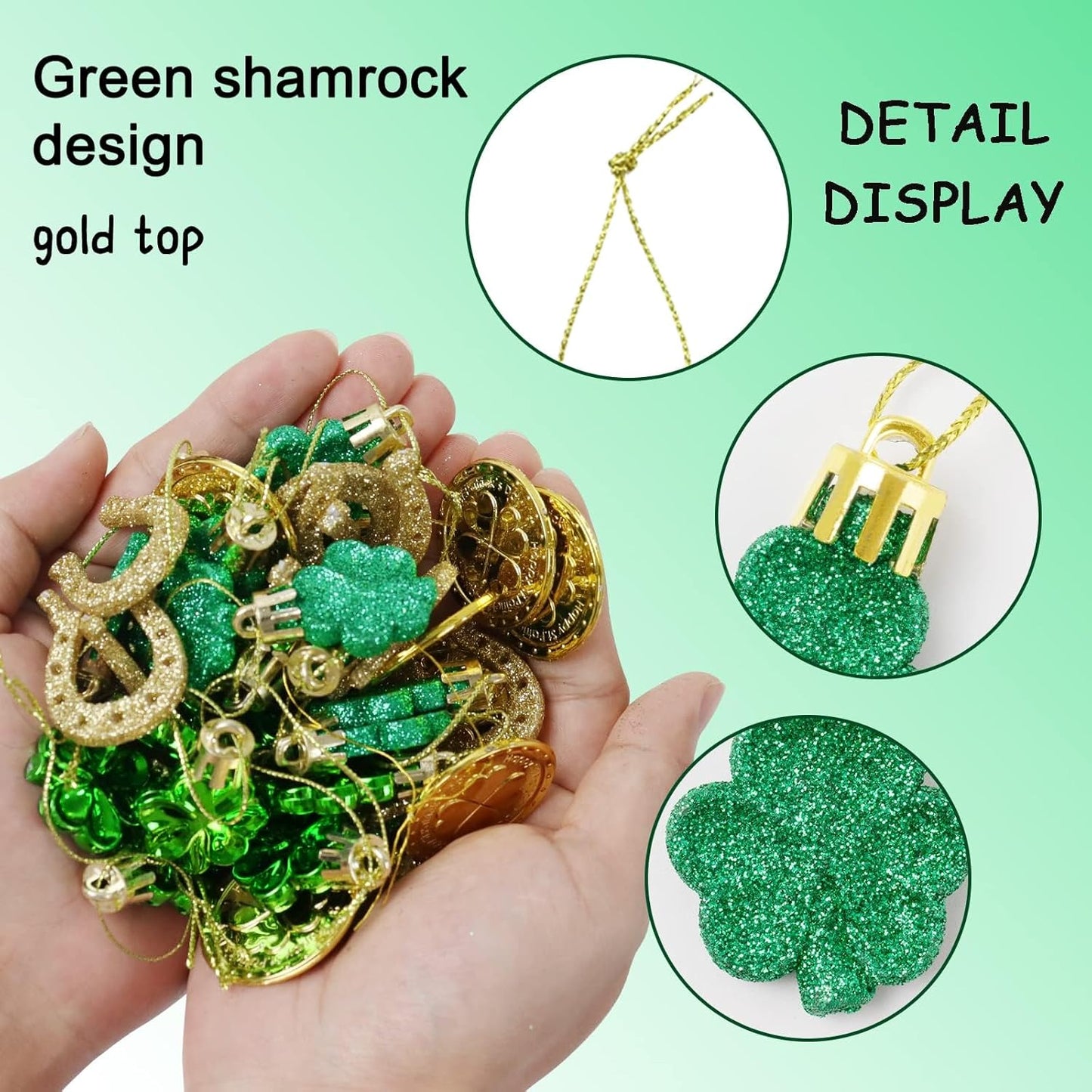 St. Patricks Day Decorations Shamrock Ornaments - 48Pcs Shamrock Clover Gold Coins Horseshoe Tree Ornaments for Spring Lucky Irish Day St Patrick'S Day Home Table Tree Party Hanging Decorations