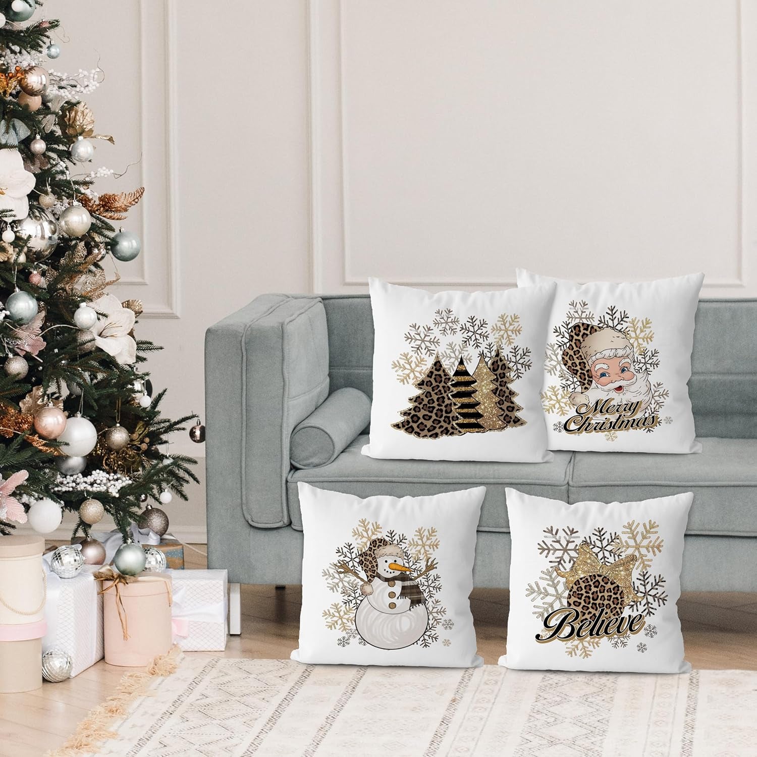 Christmas Pillow Covers Leopard Christmas Decorations Christmas Tree Santa Pillow Covers 18X18 Set of 4,Funny Santa Claus Decorative Pillow Cover,Leopard Print Pillow Covers