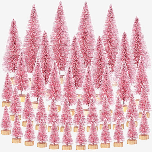 42 Pcs Christmas Tree DIY Bottle Brush Trees Pink Plastic Sisal Trees Miniature Snow Frost Fir with Wood Base for DIY Crafting,Displaying,Desktop Home Decoration Christmas Decoration,6 Styles