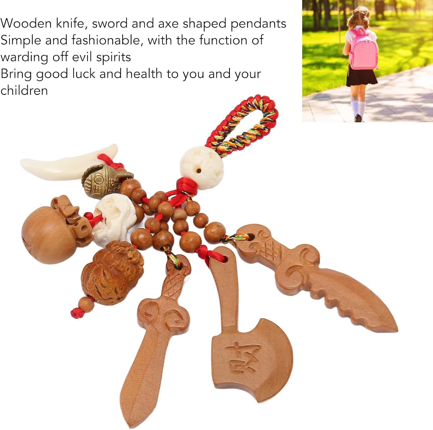 Peach Wood Sword Axe Pendant, Wood Carving Hanging Ornaments Good Luck Amulet for Wealth Success Home Office