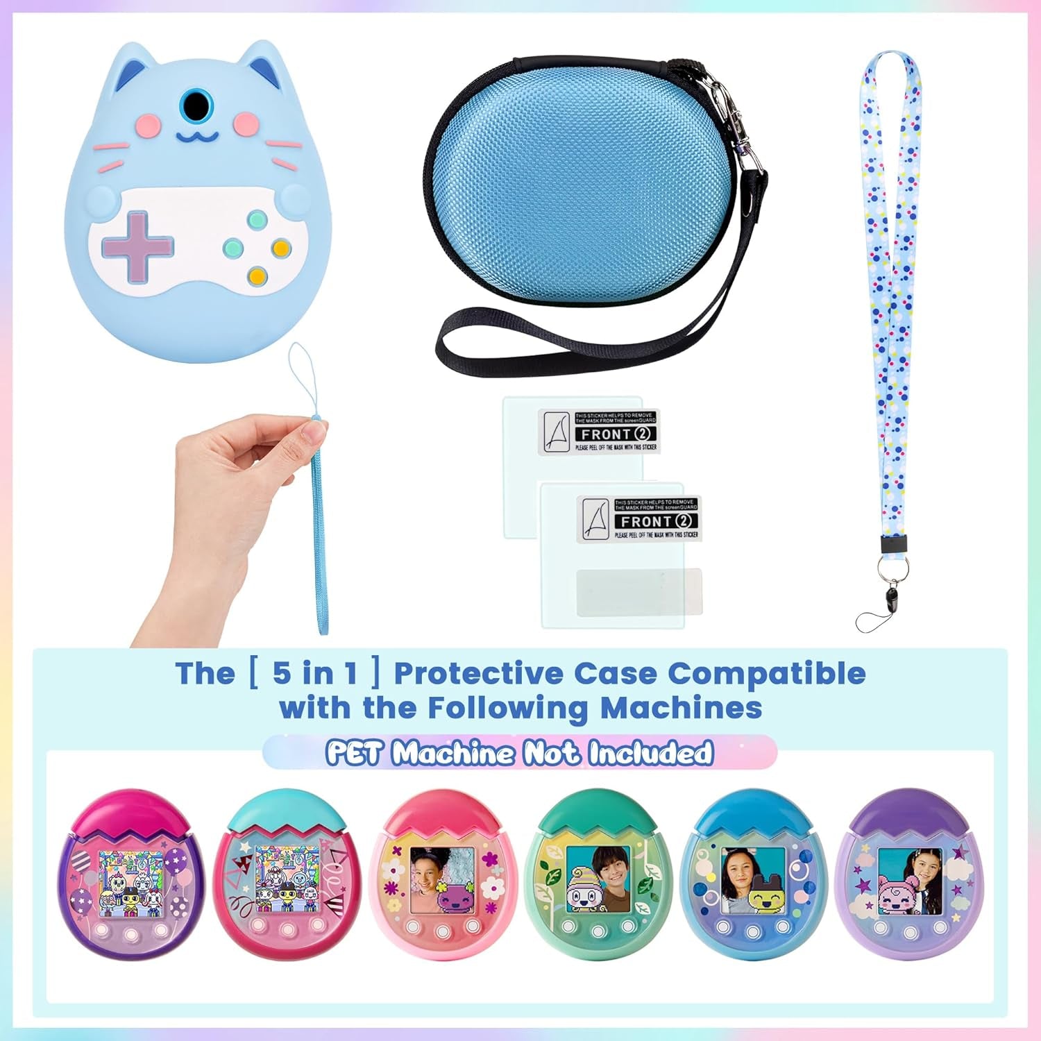 Carrying Case and Silicone Cover Compatible with Tamagotchi Pix Virtual Pet Game Machine, (5-In-1) Silicone Cover for Tamagotchi Pix, with Finger Lanyard and Screen Protector (Blue) ZOUSA