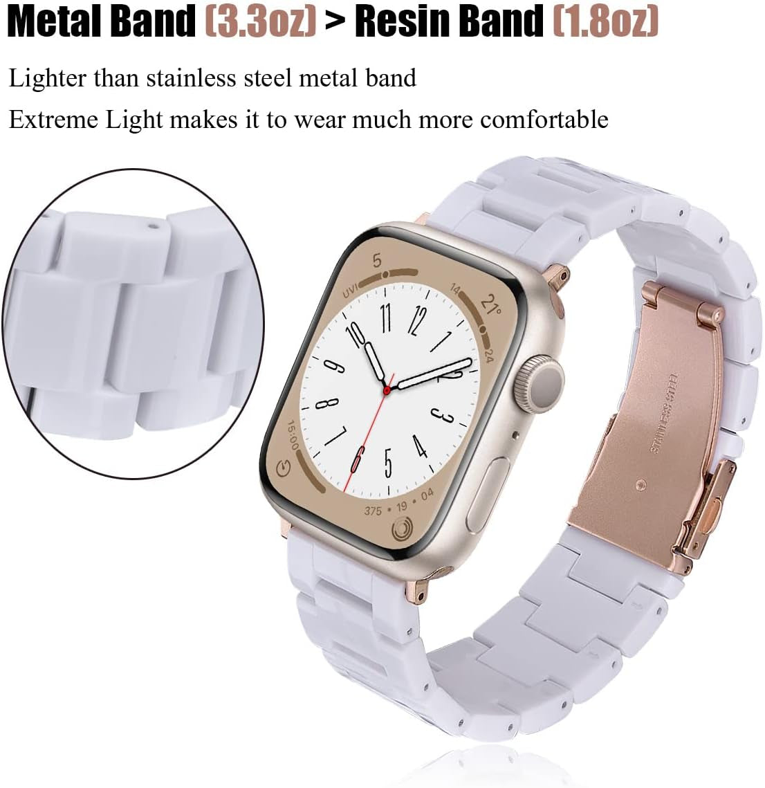 Resin Band Compatible with Apple Watch Bands Series 9/8/7 41Mm 40Mm 38Mm Iwatch 6/5/4/3/2/1/SE with Stainless Steel Buckle Replacement Iwatch Strap Women Men(White-Tone, 38Mm/40Mm/41Mm)