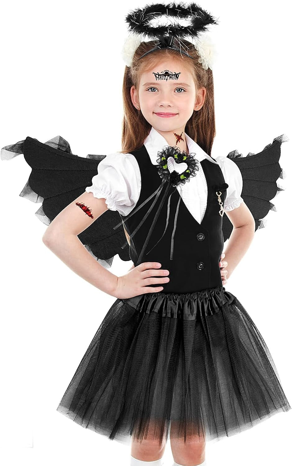 Black Angel Wings and Halo Costume for Girls 4-12, Set of 6 Fallen Angel Dress Halloween Costume Kit with Angel Wing, Halo, Dress, Devil Wand and Halloween Tattoo Stickers for Hallowee, Theme Parties