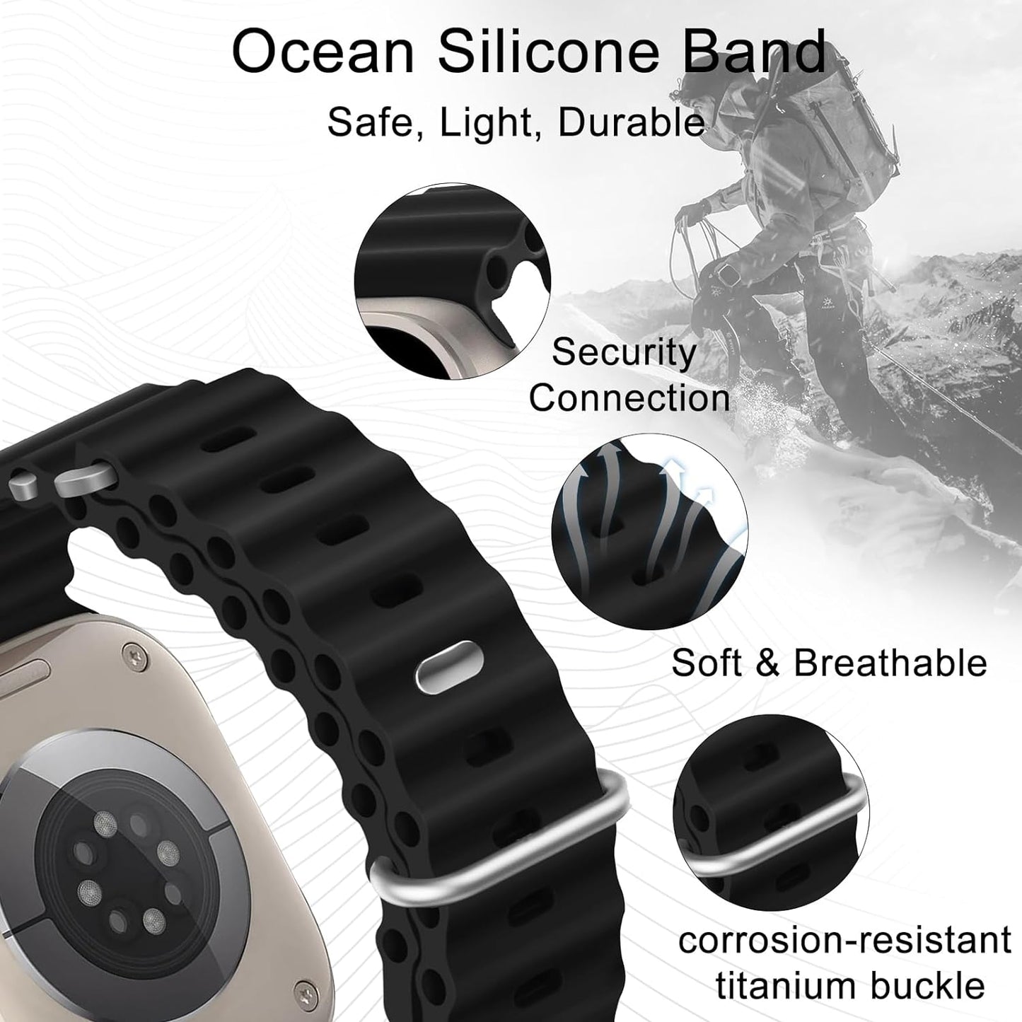Ocean Silicone Sport Band - Compatible with Apple Watch Ultra 2/Ultra Band 49Mm 45Mm 44Mm 42Mm for Men Women, Breathable Soft Waterproof Strap for Iwatch Ultra 2, Iwatch Ultra Series SE 9/8/7/6/5/4