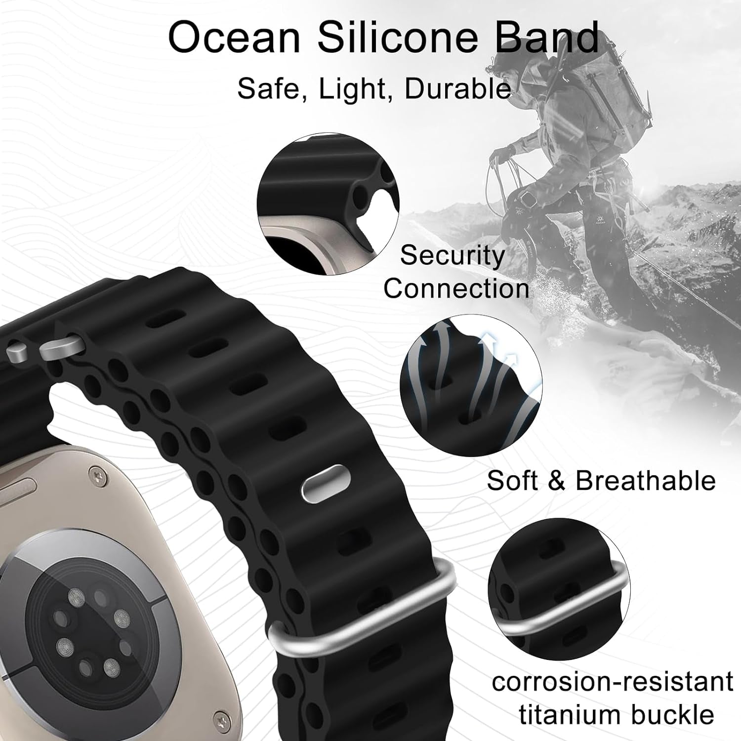 Ocean Silicone Sport Band - Compatible with Apple Watch Ultra 2/Ultra Band 49Mm 45Mm 44Mm 42Mm for Men Women, Breathable Soft Waterproof Strap for Iwatch Ultra 2, Iwatch Ultra Series SE 9/8/7/6/5/4