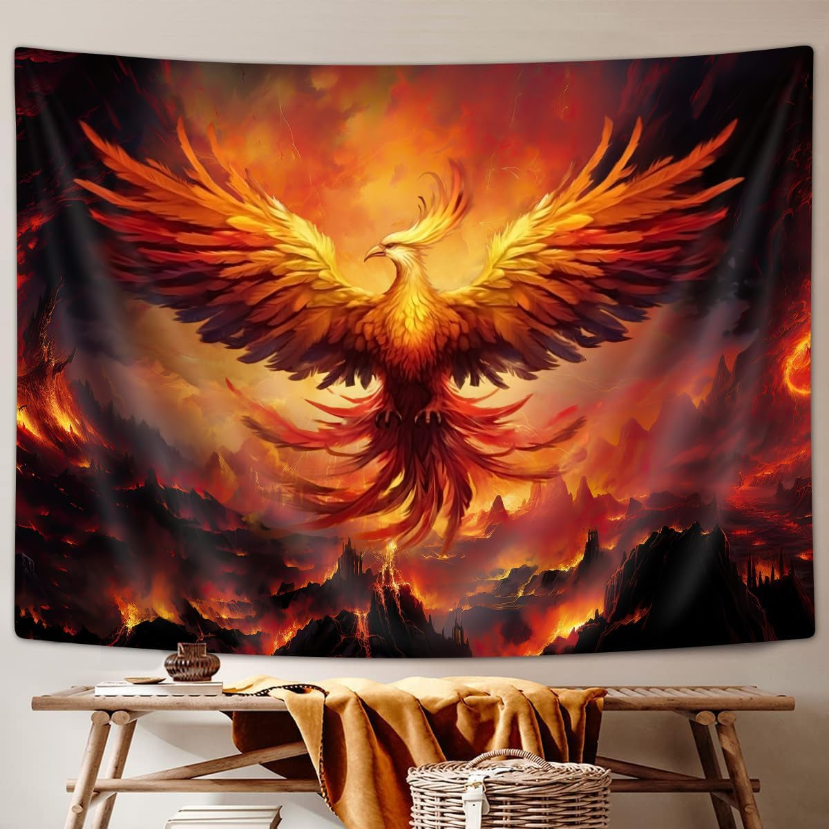 Fantasy Phoenix Bird Small Tapestry for Men, Red Anime Animal Hippie Tapestry Wall Hanging for Bedroom, Aesthetic Cool Tapestry Beach Blanket College Dorm Home Decor (60" W X 40" H)