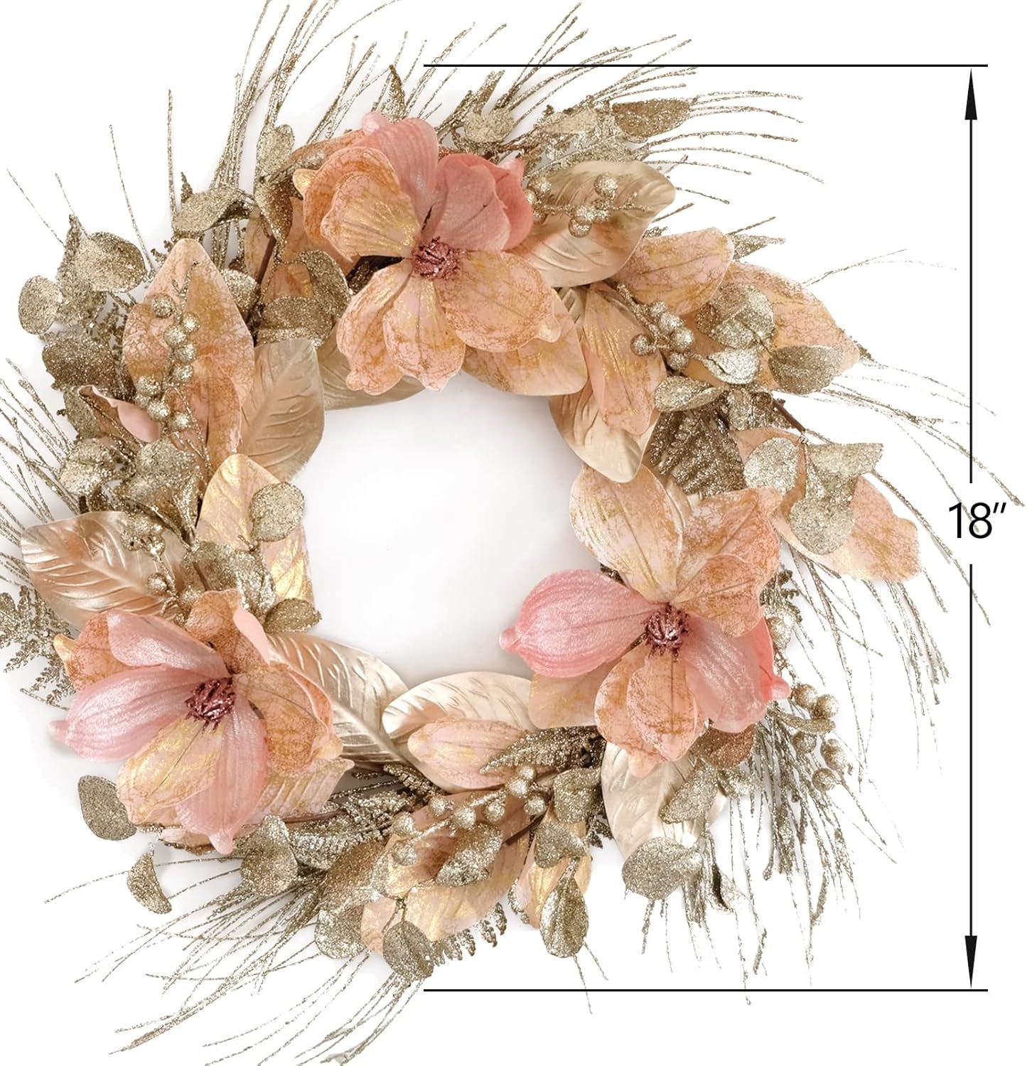 18 Inch Winter and Christmas Magnolia Flowers Gold Glitter Wreath for Home and Front Door Decor, Pink and Gold Magnolia Flower Wreath for Indoor